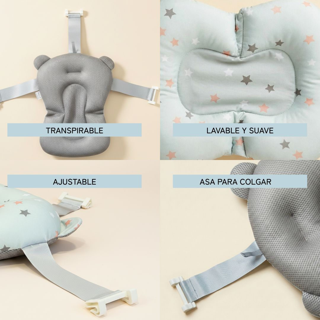 Almohadas de apoyo para baño de bebé grises y con estrellas, con correas.