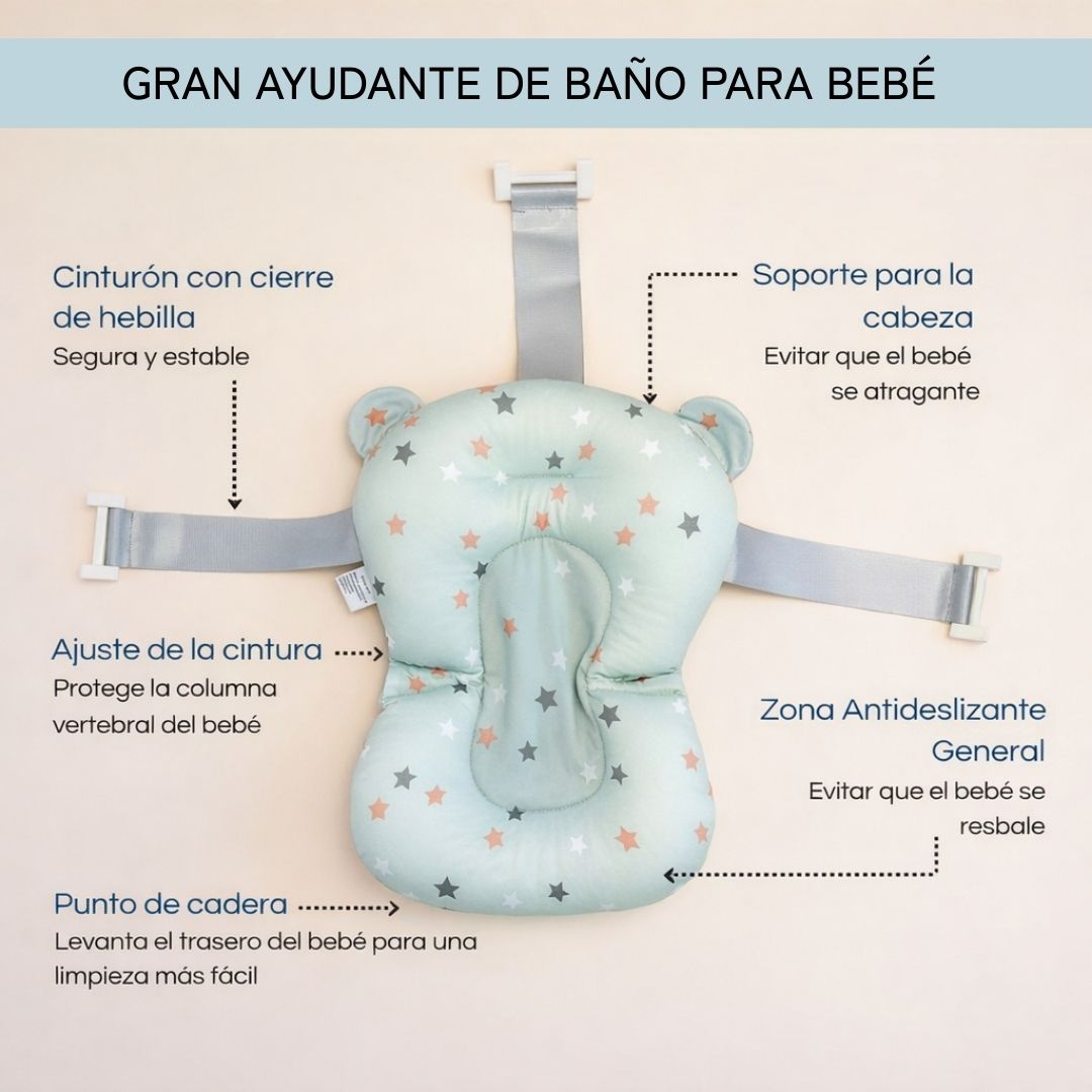 Cojín de baño para bebé con forma de oso, estrellas, cinturones y soporte.