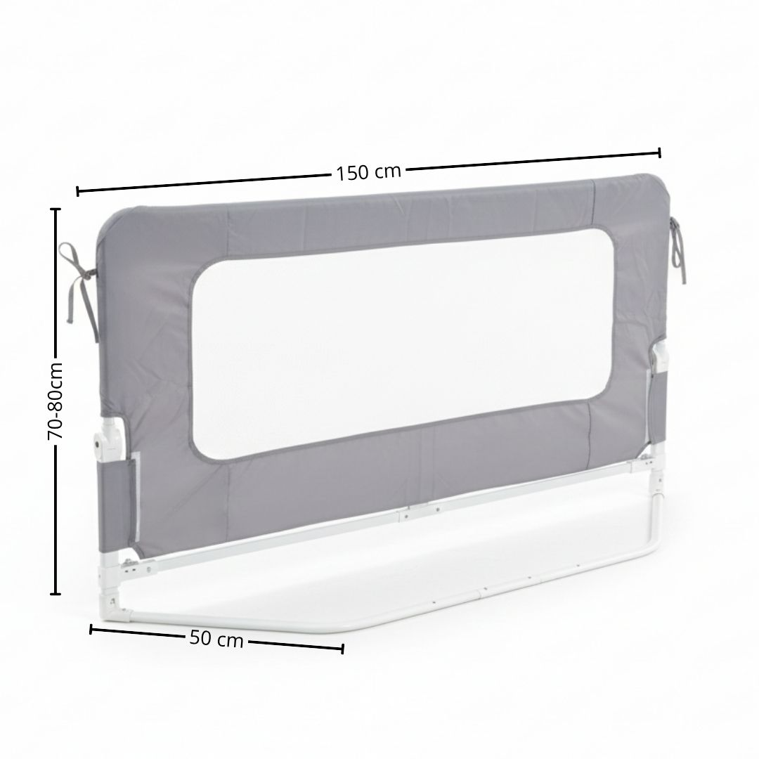 Barandilla de cama gris con medidas blancas (150cm L, 70-80cm H, 50cm P).