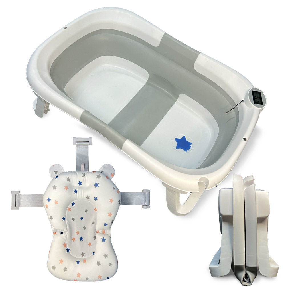 Bañera de bebé plegable blanca y gris con termómetro y cojín con estampado de estrellas.