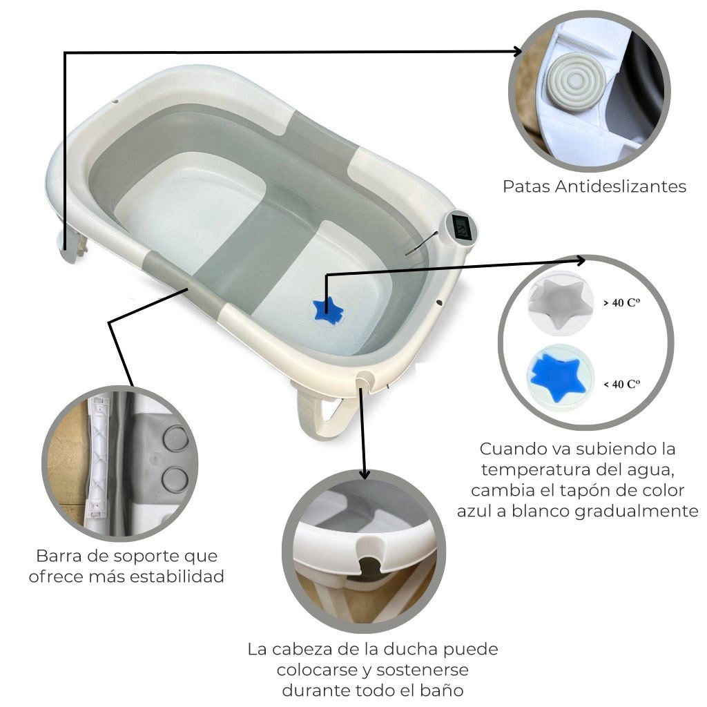 Una bañera plegable para bebés con patas antideslizantes e indicador.
