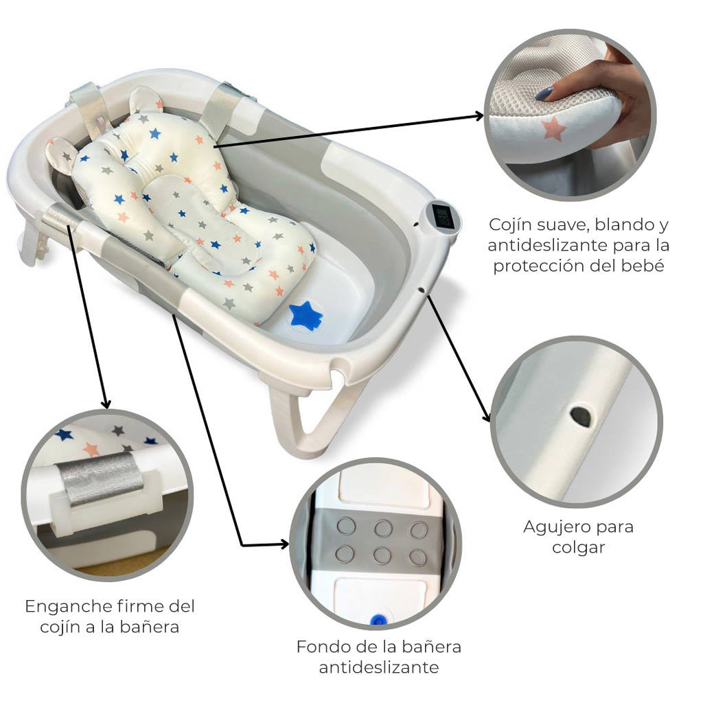 Bañera de bebé plegable con cojín de estrellas, agujero para colgar y características antideslizantes.