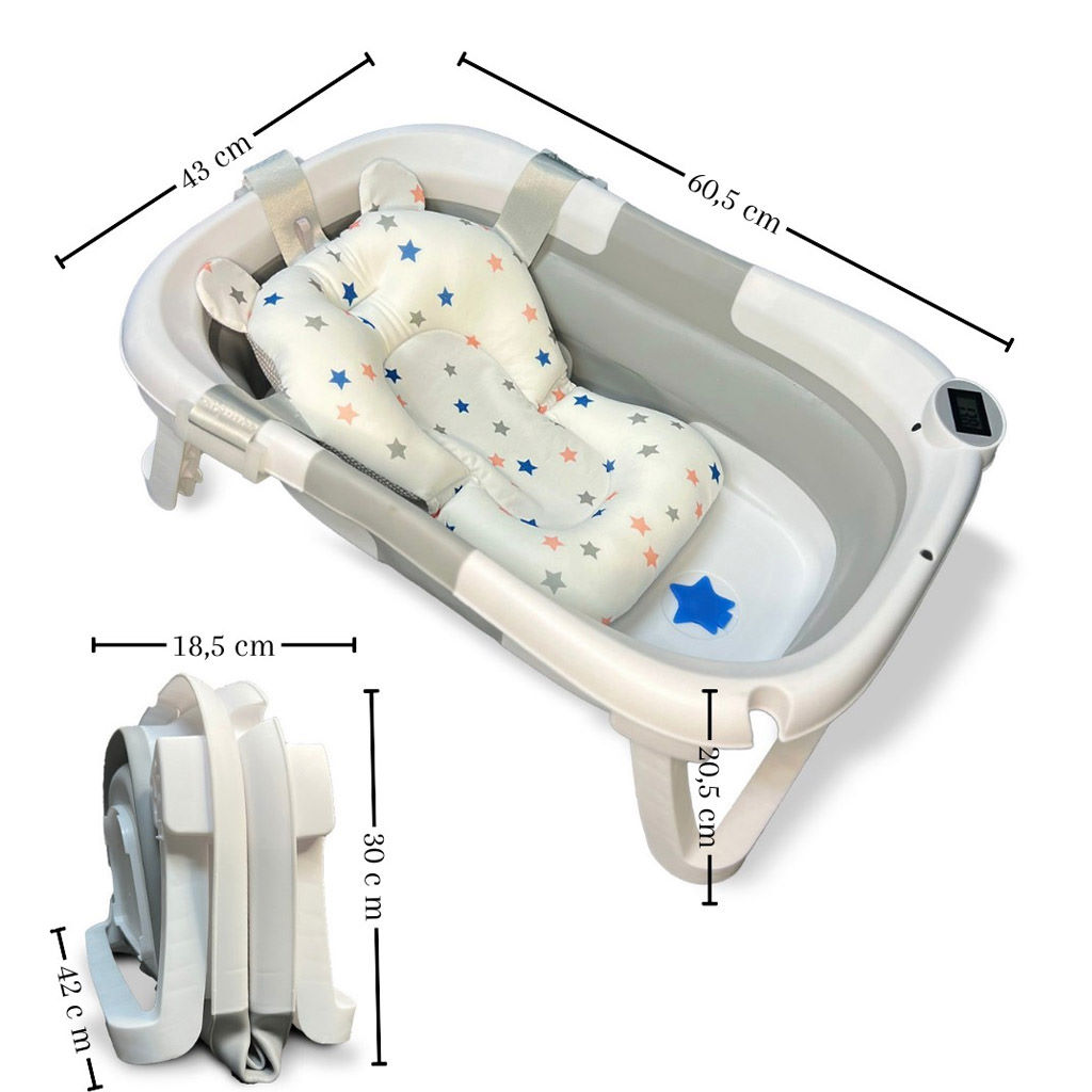 Una bañera de bebé plegable con asiento de estrellas y medidas.