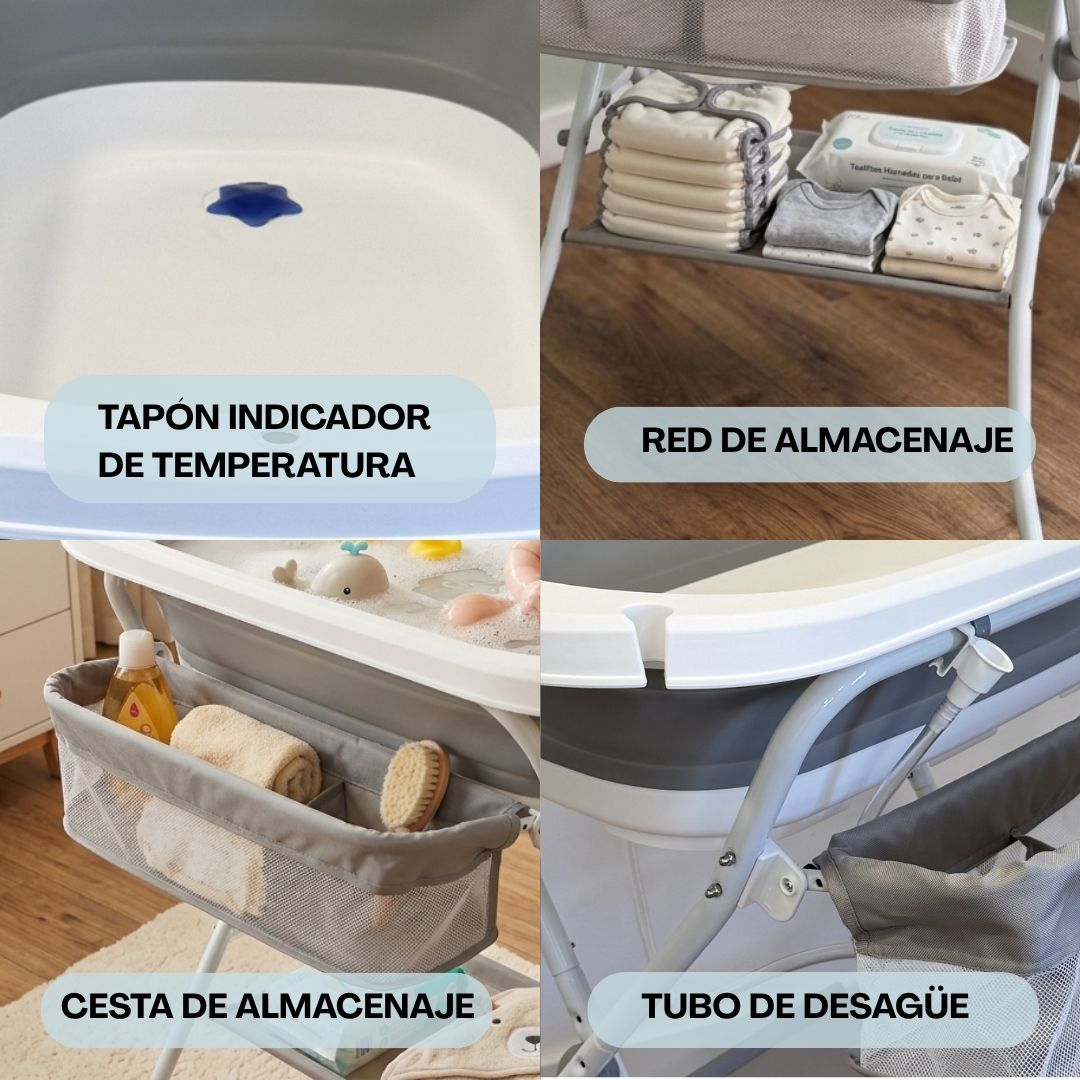 Un set de bañera para bebé con tapón de temperatura, red de almacenamiento, cesta y tubo.