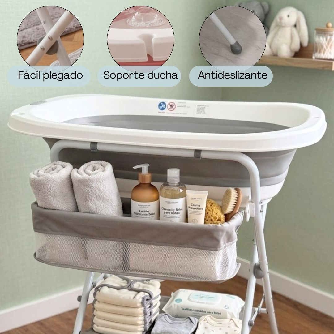 Soporte plegable para bañera de bebé con organizador y productos.