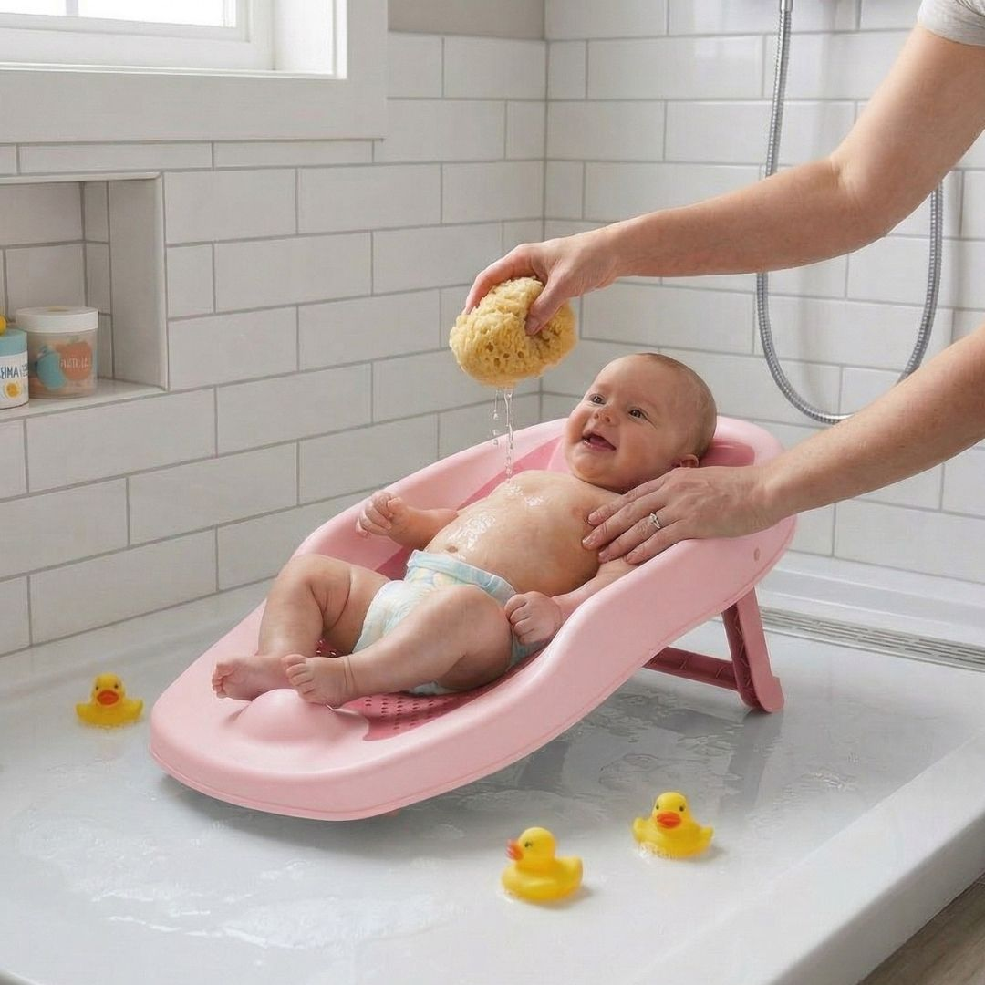 Un bebé en una bañera rosa para bebés es lavado con una esponja por una mano.