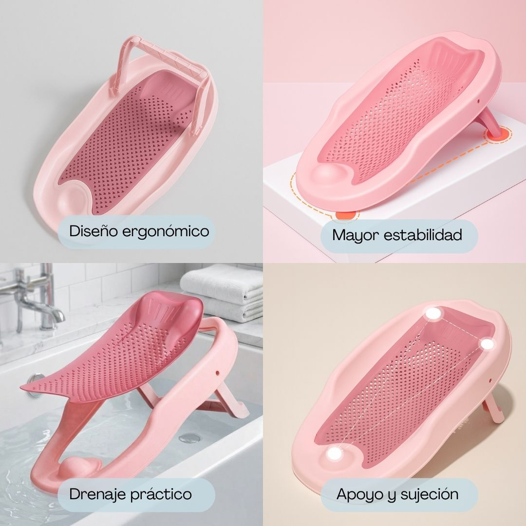 Cuatro vistas de un soporte de baño rosa para bebé con malla y patas de apoyo.