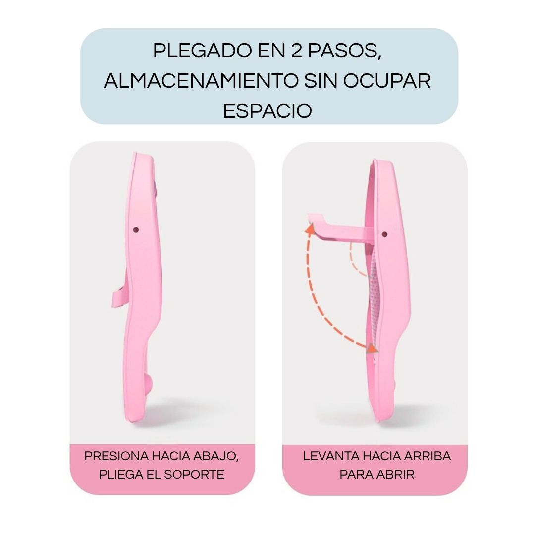 Un objeto rosa se pliega y despliega en dos pasos.