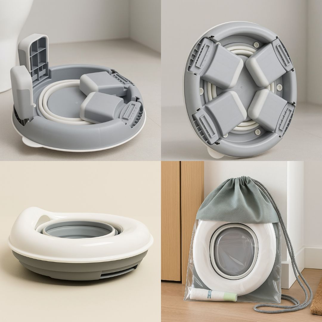 Un asiento de inodoro plegable en gris y blanco, mostrado plegado y en una bolsa.