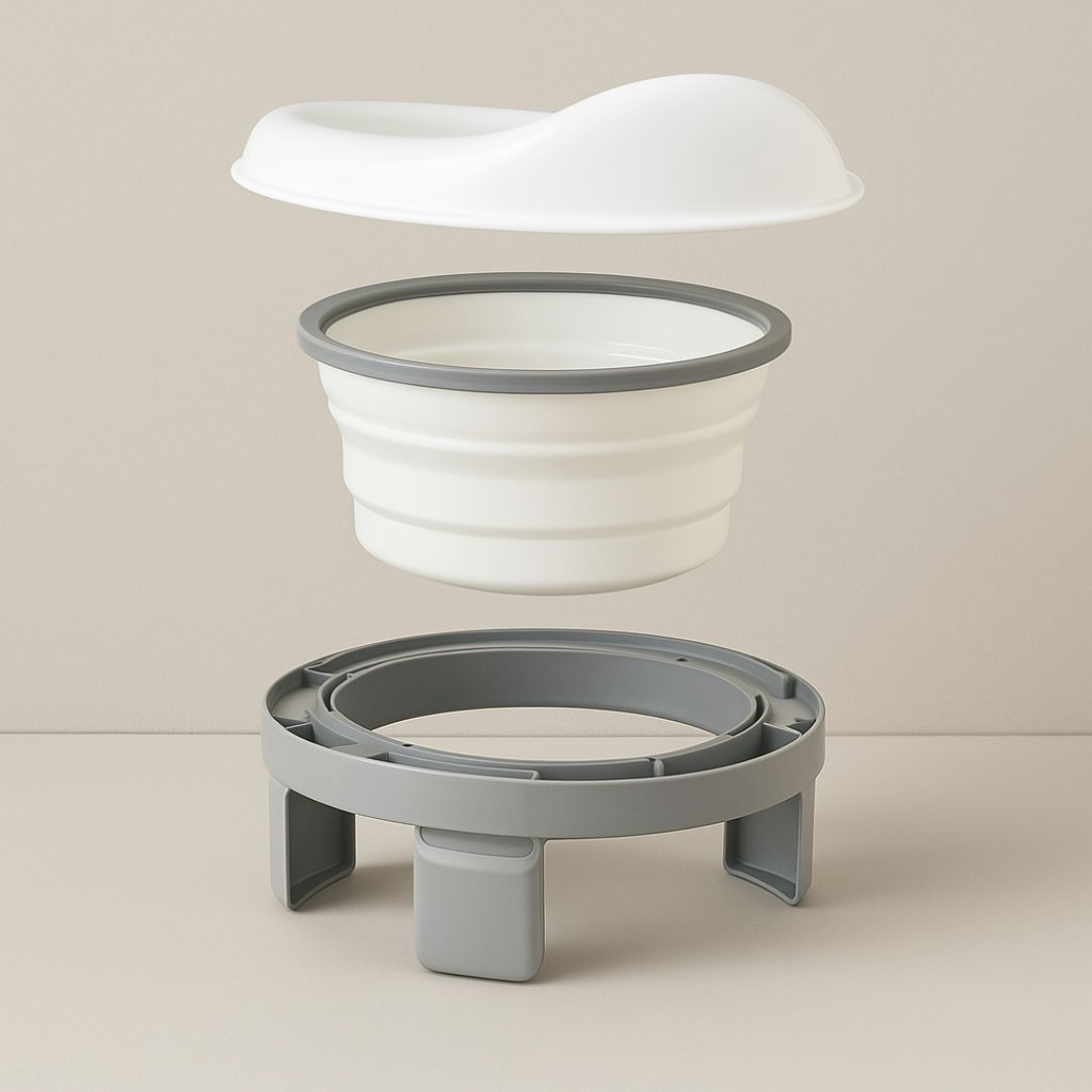 Un inserto blanco con borde gris y tapa blanca sobre un soporte gris.