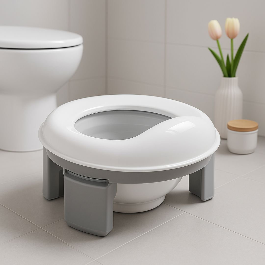 Un orinal blanco y gris se sienta sobre un piso de baldosas junto a un inodoro.