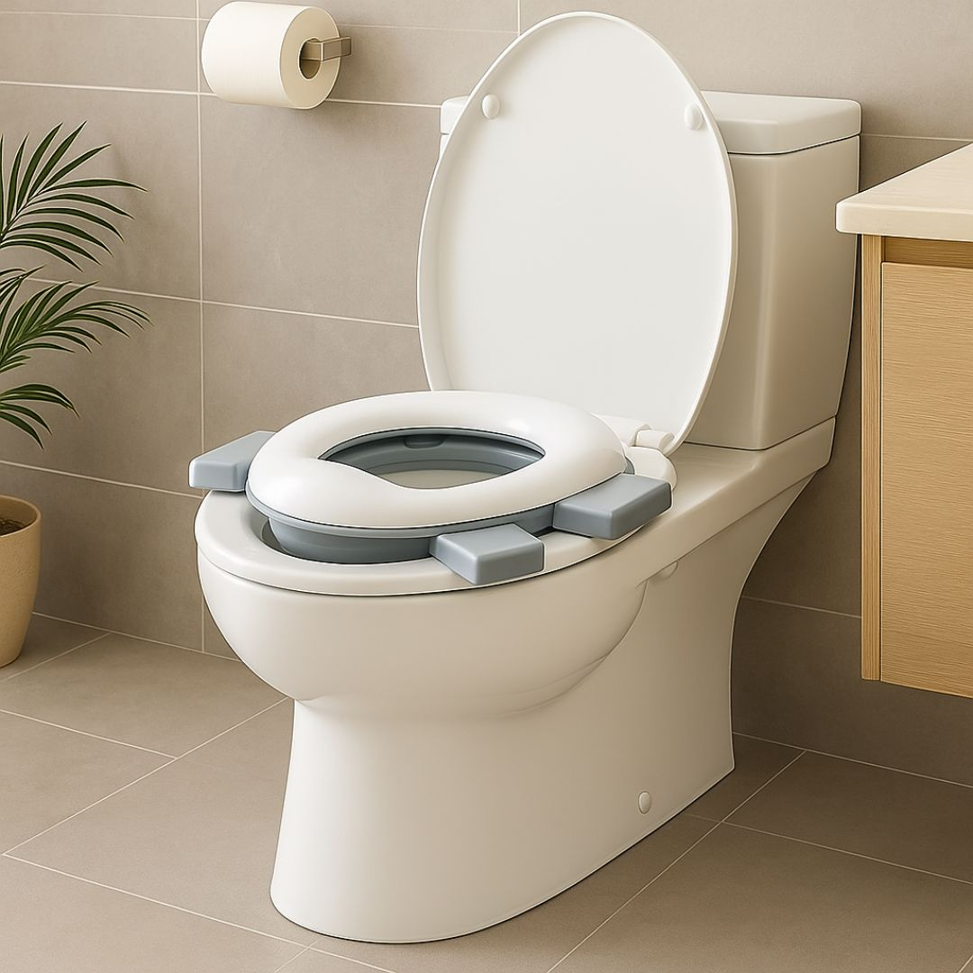 Inodoro blanco con tapa abierta y asiento elevado con soportes grises.