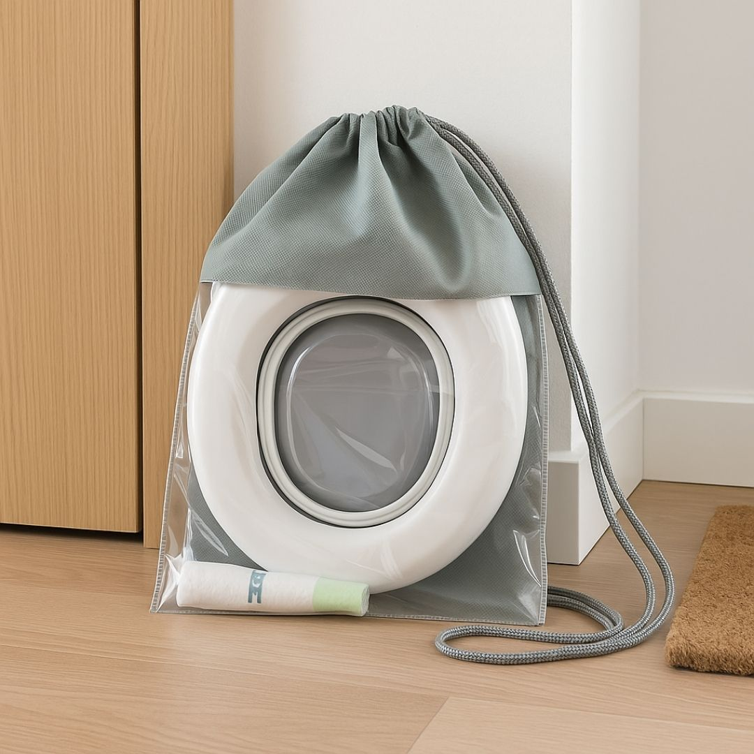 Un asiento de inodoro portátil en una bolsa gris con cordón. Incluye un rollo.