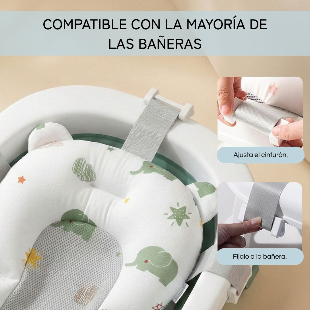 Un asiento de bañera para bebé con estampado de elefantes y correas.
