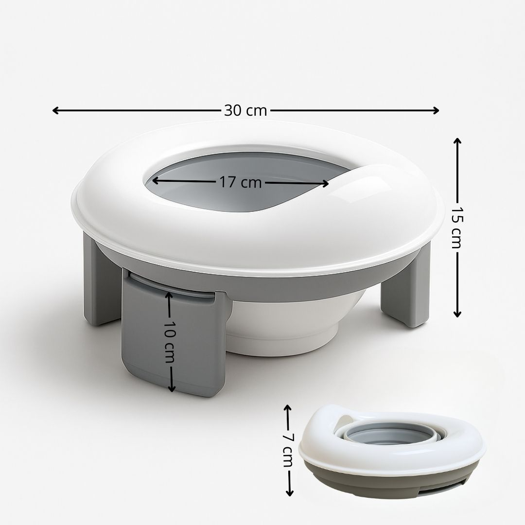 Un orinal portátil, blanco y gris, con dimensiones.