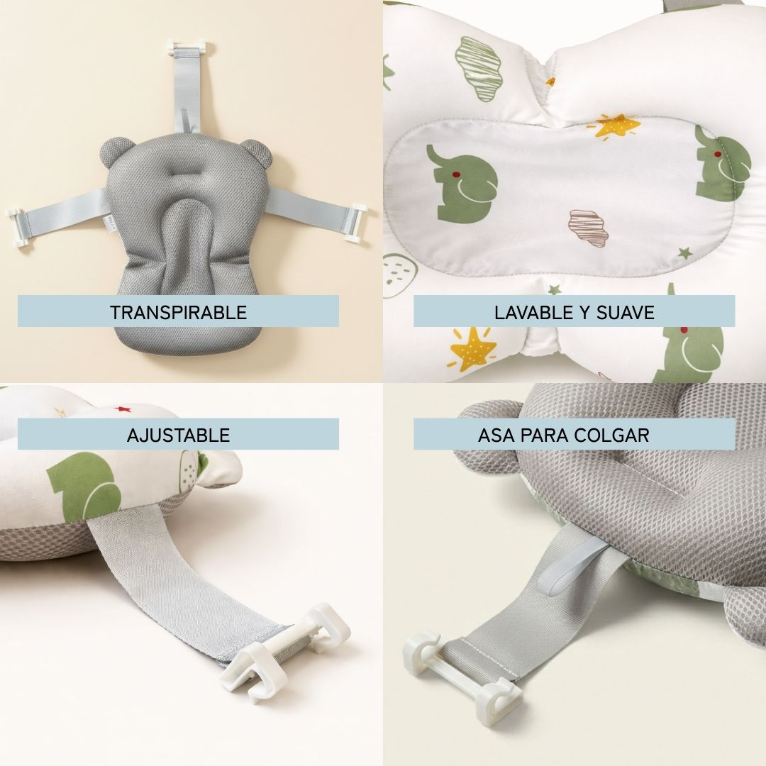 Cojín de baño para bebé con estampado de elefante, correas ajustables, lavable.