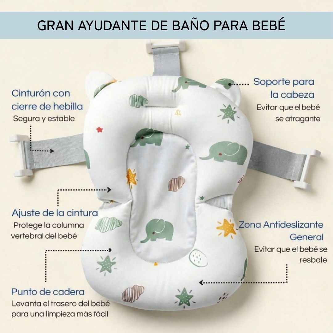 Un soporte de baño para bebé blanco con estampado de elefantes y estrellas.