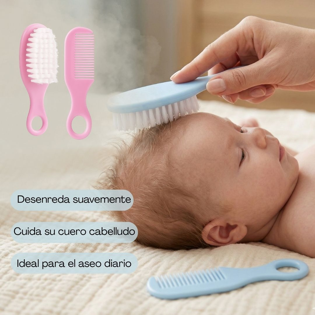 Cepillo y peine rosa para bebé, cepillo azul en la cabeza del bebé.