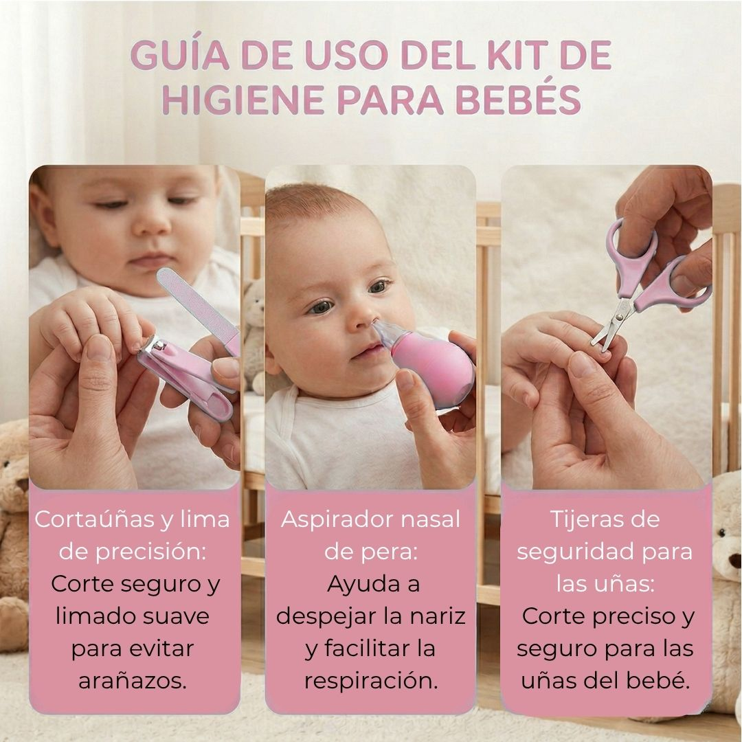 Kit de higiene para bebés: cortaúñas, aspirador nasal, tijeras.