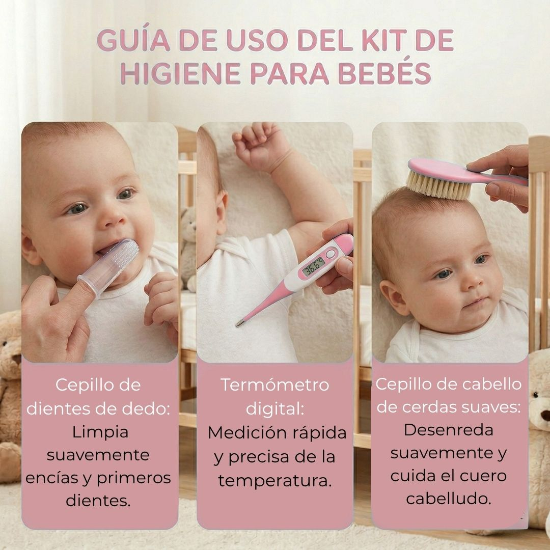 Kit de higiene para bebé: cepillo de dedo, termómetro, cepillo.