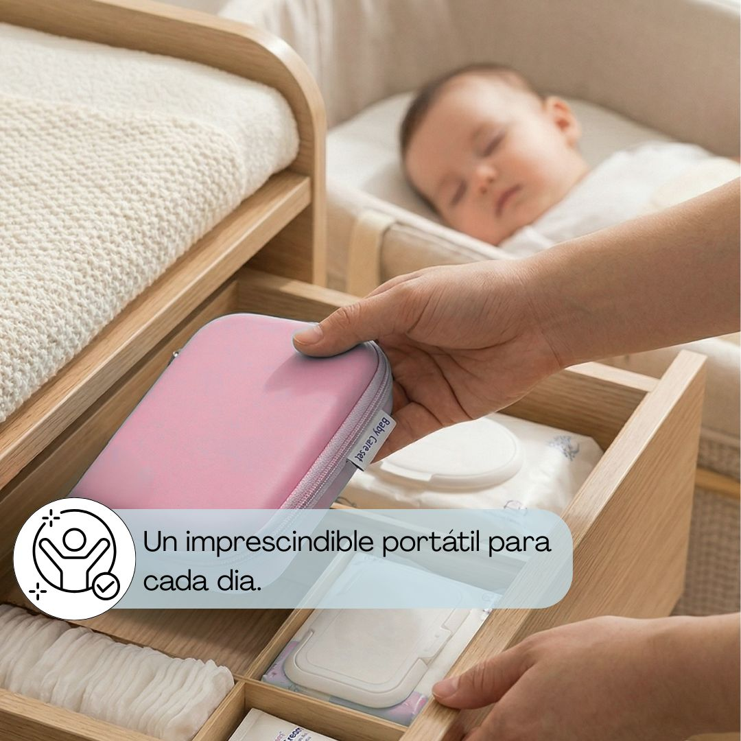 Una mano saca un estuche rosa de un cajón junto a un bebé durmiendo.