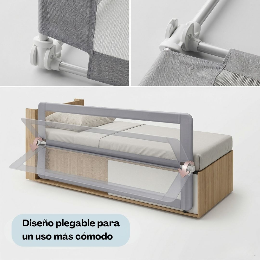 Barandilla de cama gris con malla y partes plegables, montada en una cama.
