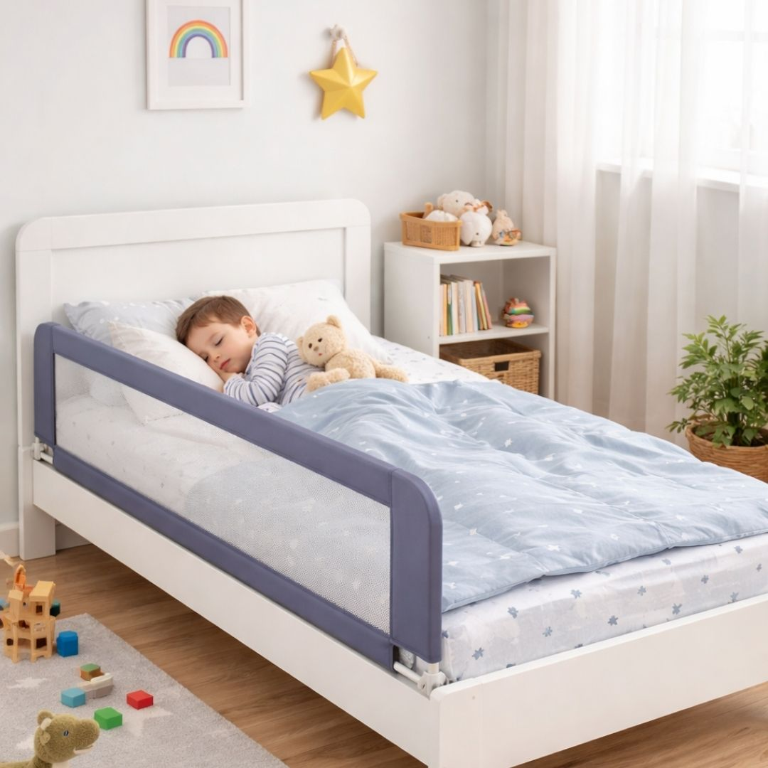 Un niño duerme en una cama con barandilla azul. Un osito de peluche descansa a su lado.