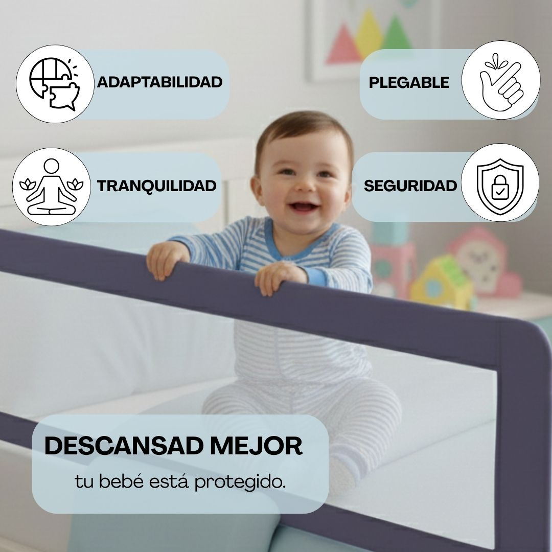 Un bebé se sienta tras una barrera de seguridad, con iconos de adaptabilidad, tranquilidad, plegable y seguridad.