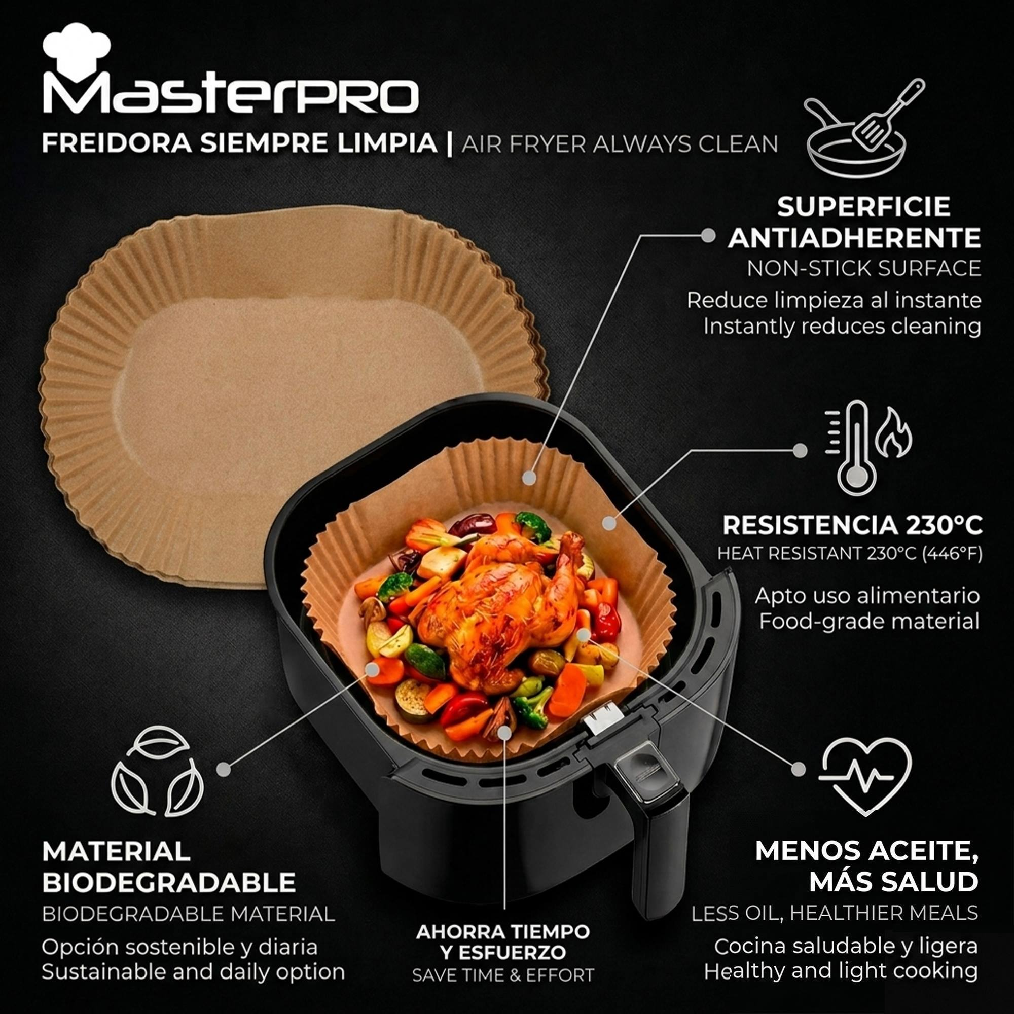 Freidora con pollo asado y verduras, cestas de papel, logo MasterPRO.