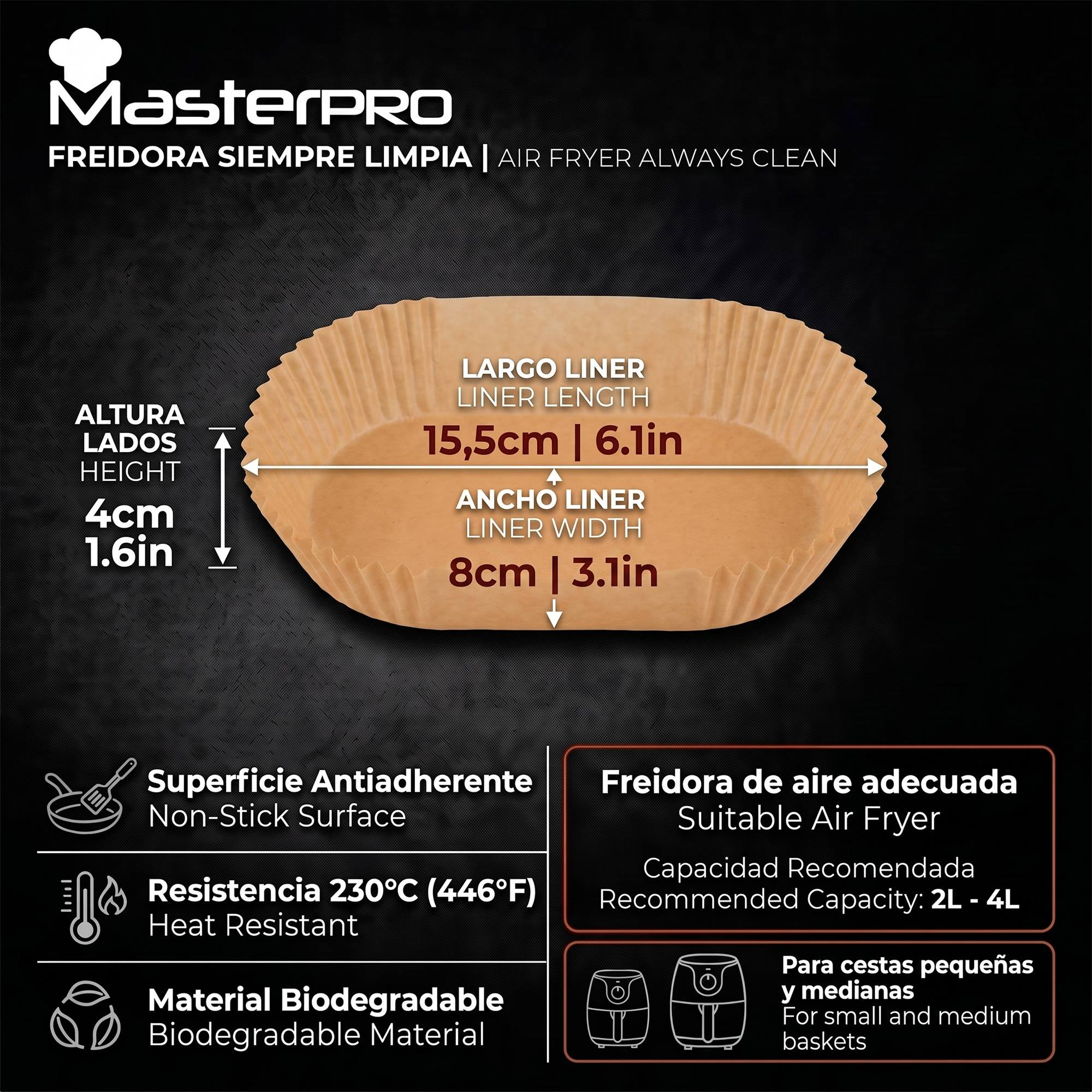 Un revestimiento marrón para freidora de aire con dimensiones: alto 4cm, ancho 8cm, largo 15.5cm.