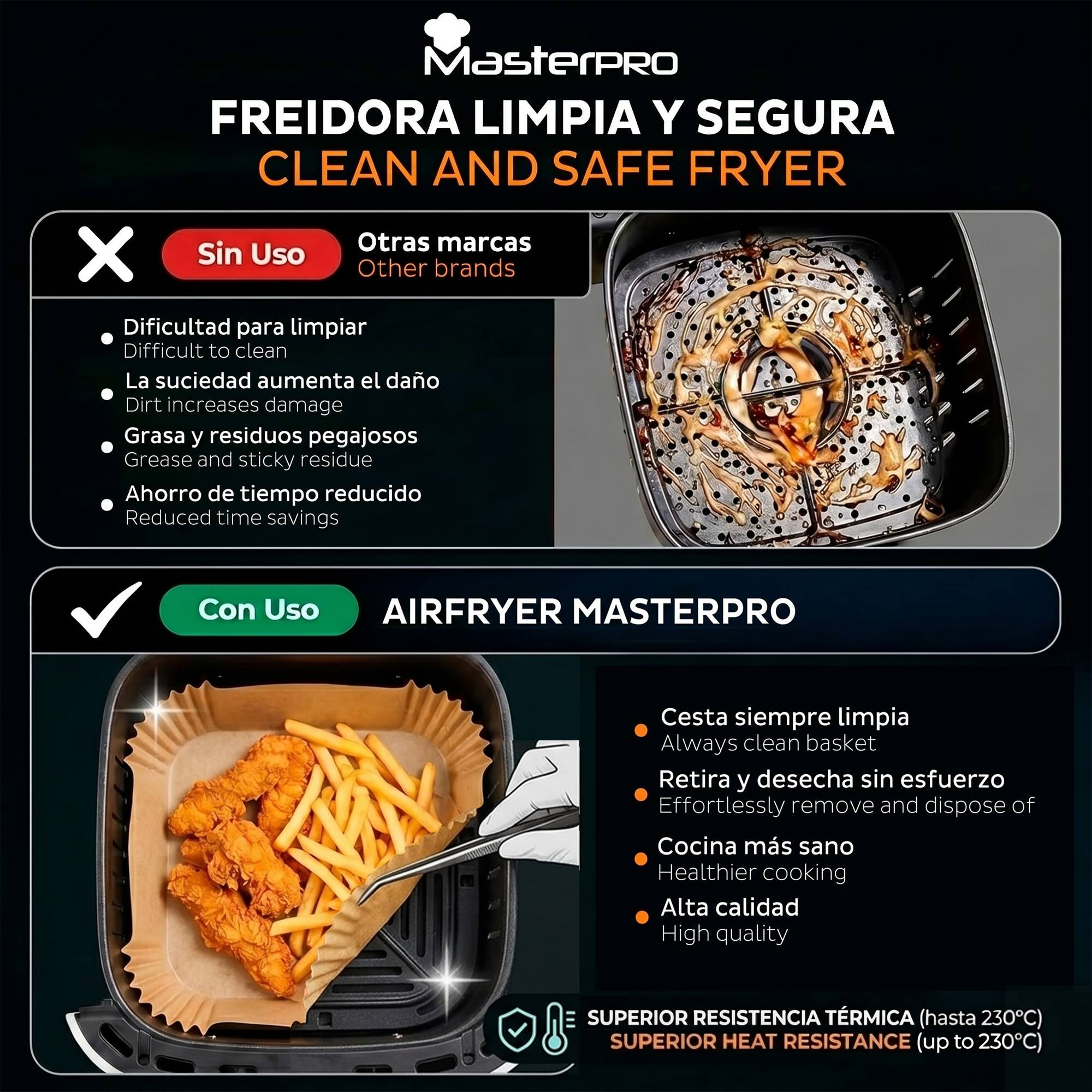 Freidora con cesta sucia y cesta limpia con comida.