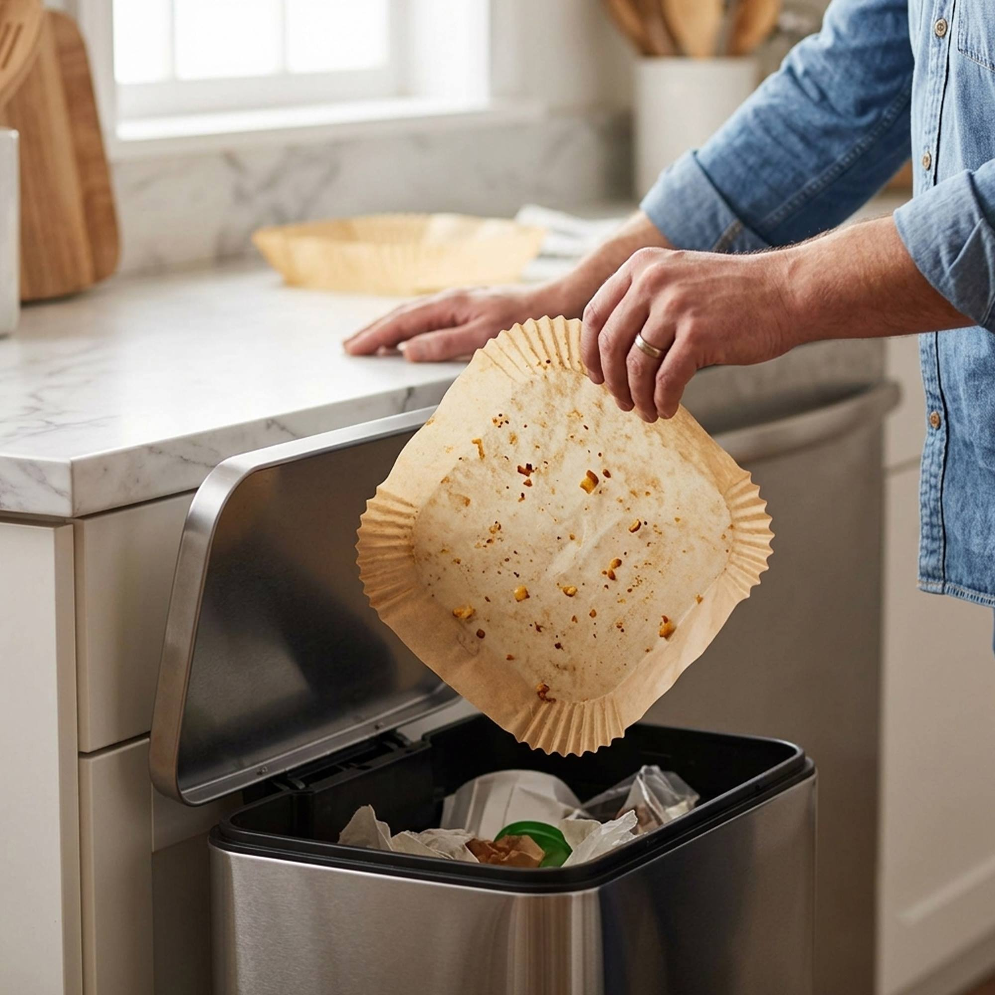 Un hombre tira un papel de horno usado en un cubo de basura.