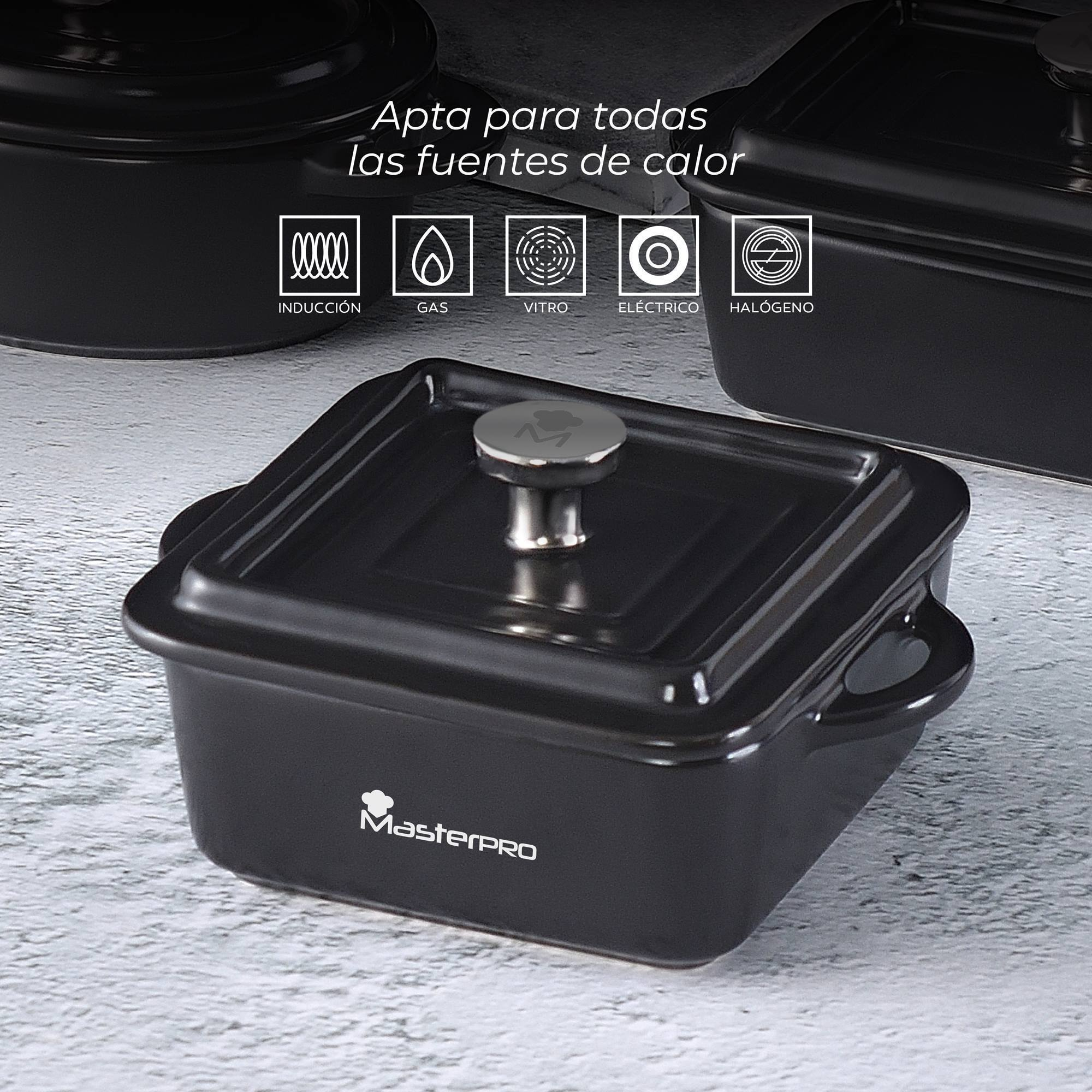 Olla negra con tapa y asas, apta para todas las fuentes de calor.