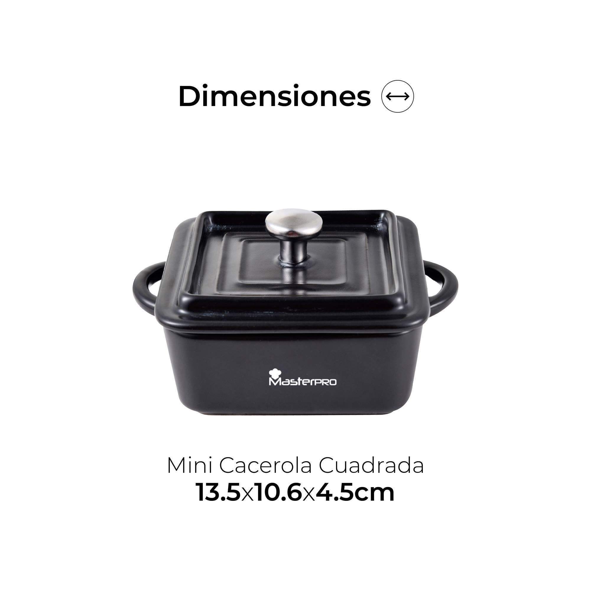Mini cacerola cuadrada negra con asa y tapa plateada, logo MasterPRO.