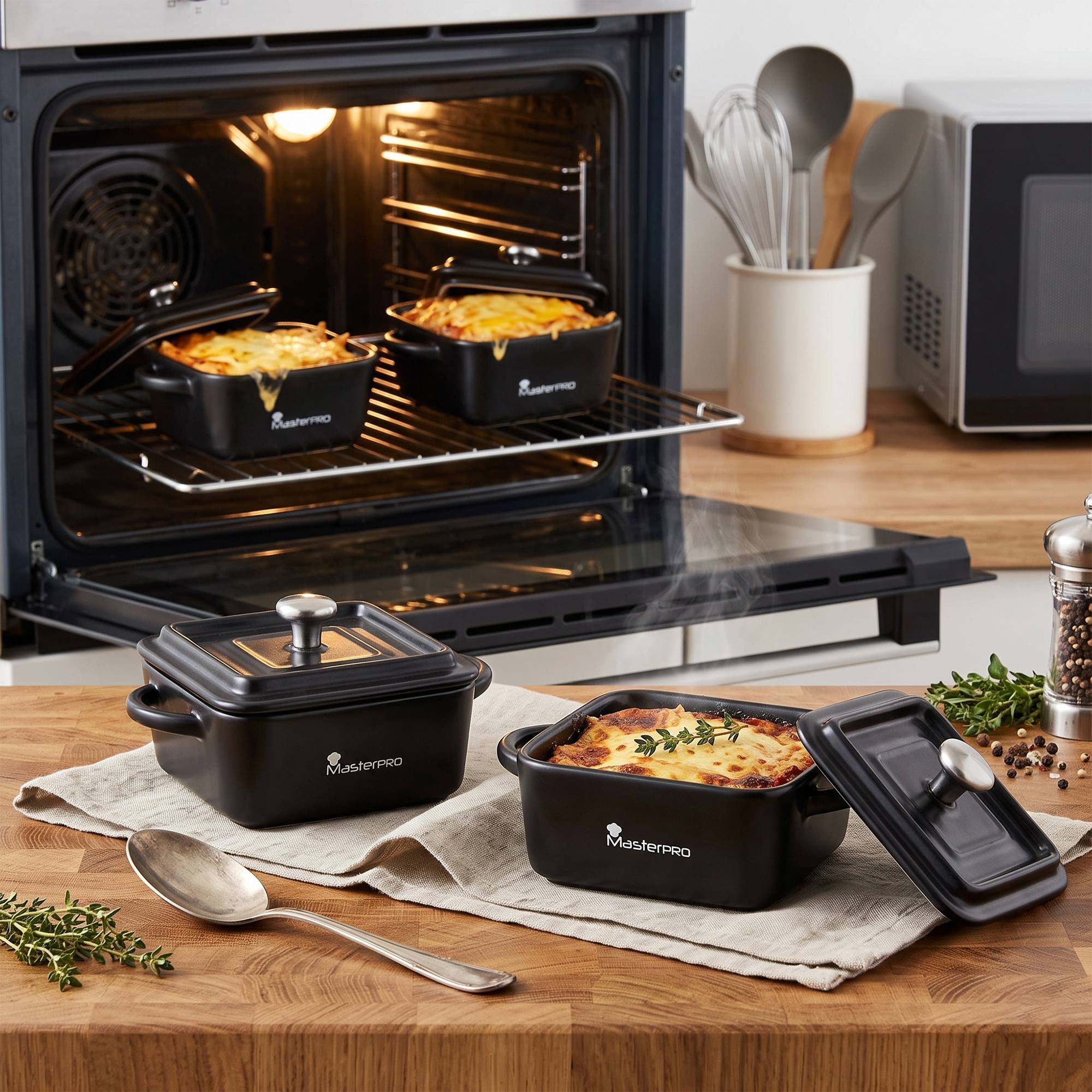 Un horno con dos lasañas dentro y una en una mesa de madera, con utensilios cerca.