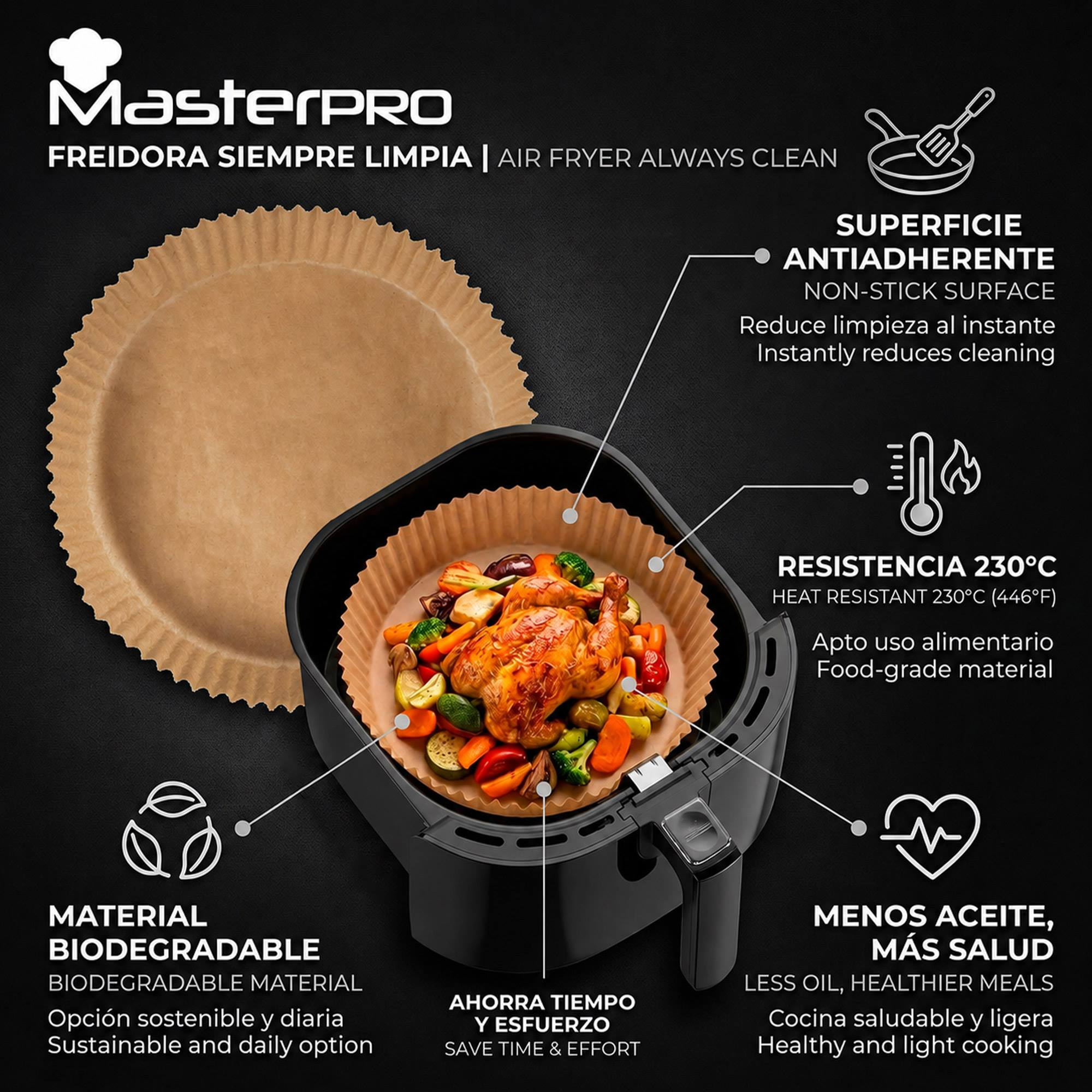 Una freidora de aire negra con pollo asado y verduras, rodeada de papel pergamino.