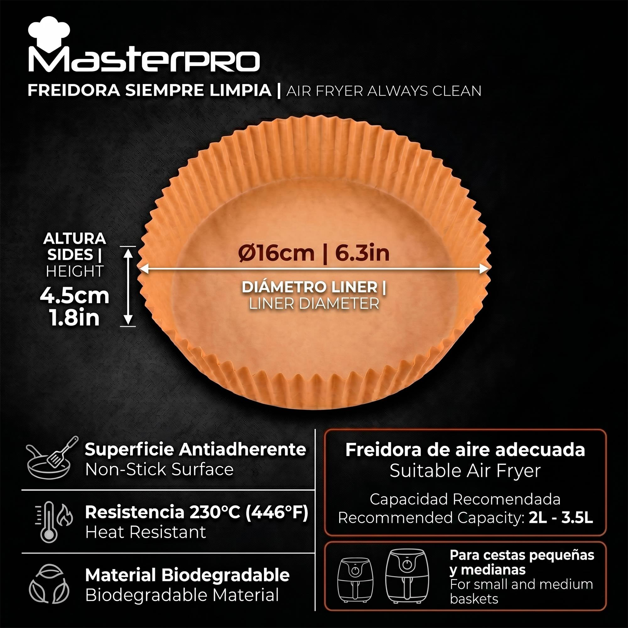 Molde de papel naranja-marrón acanalado con dimensiones Ø16cm x 4,5cm y características.