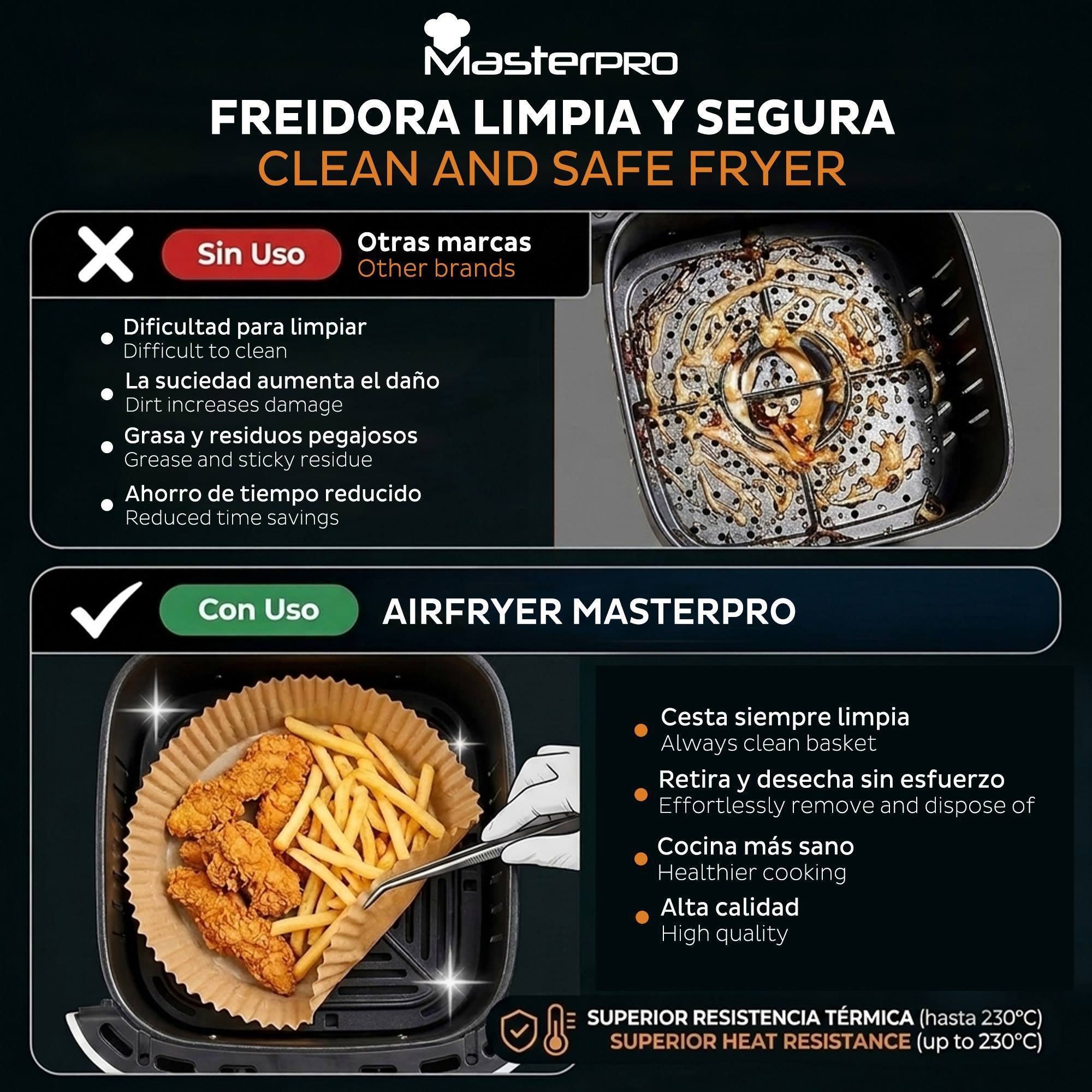 Comparación de freidora sucia vs limpia con pollo y patatas.