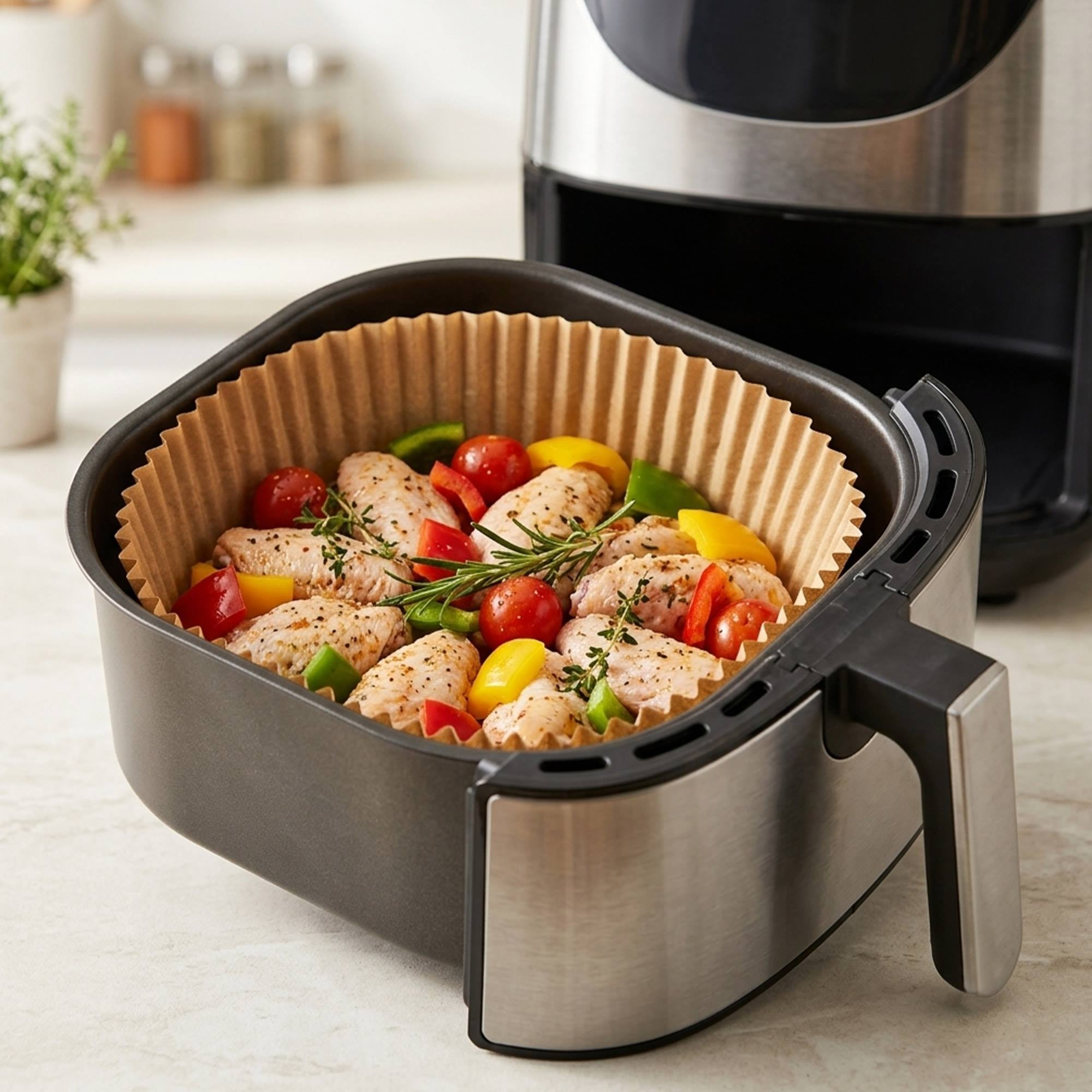 Alitas de pollo con verduras en una cesta de freidora de aire, listas para cocinar.