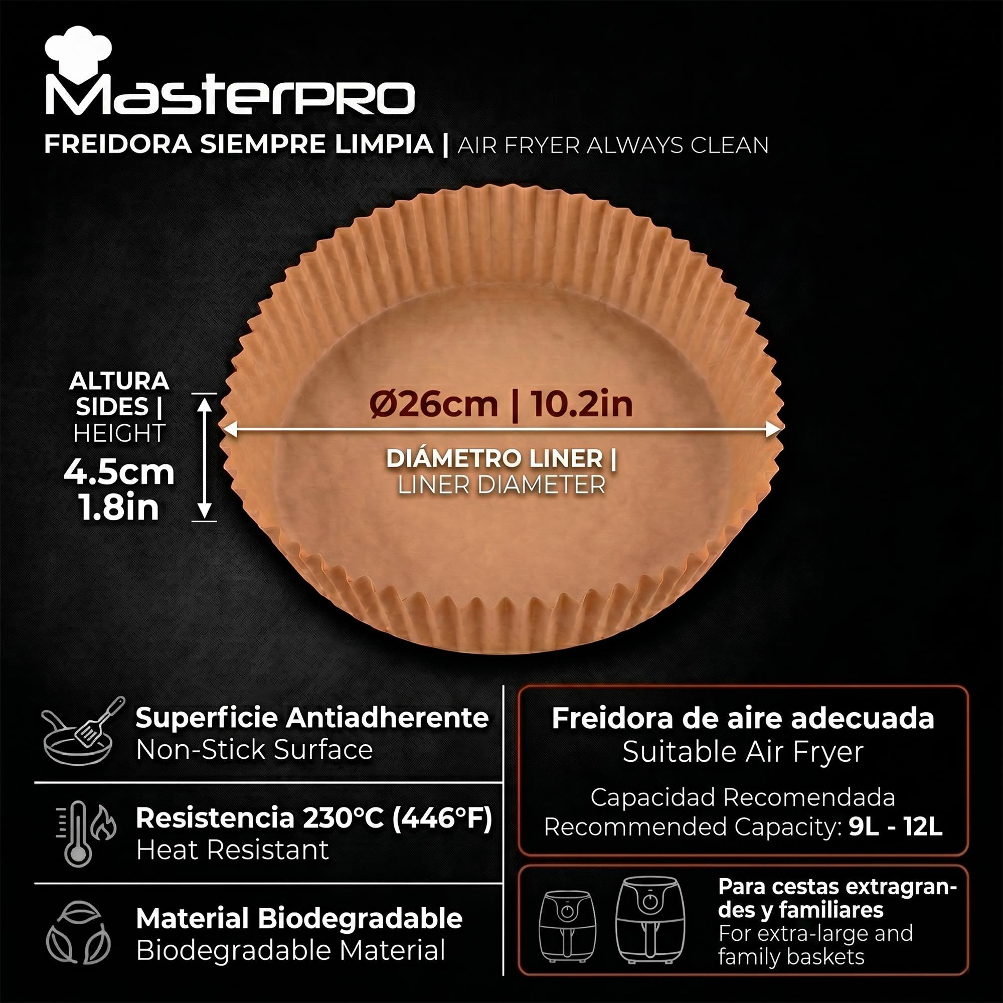 Revestimiento marrón acanalado para freidoras de aire con dimensiones y características.