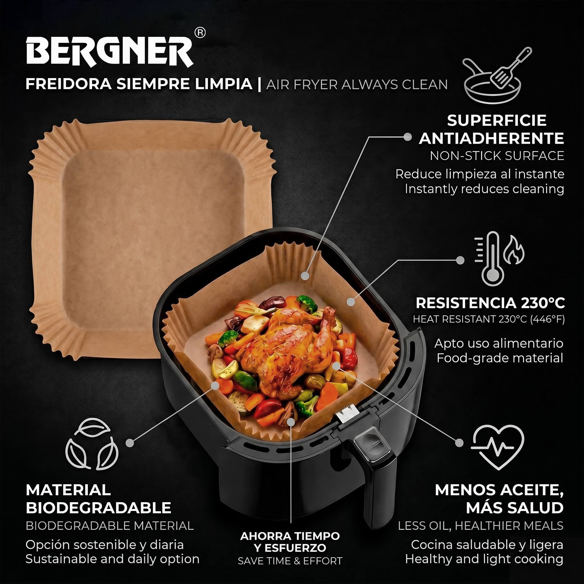 Un pollo asado con verduras en un revestimiento de papel negro para freidora de aire.
