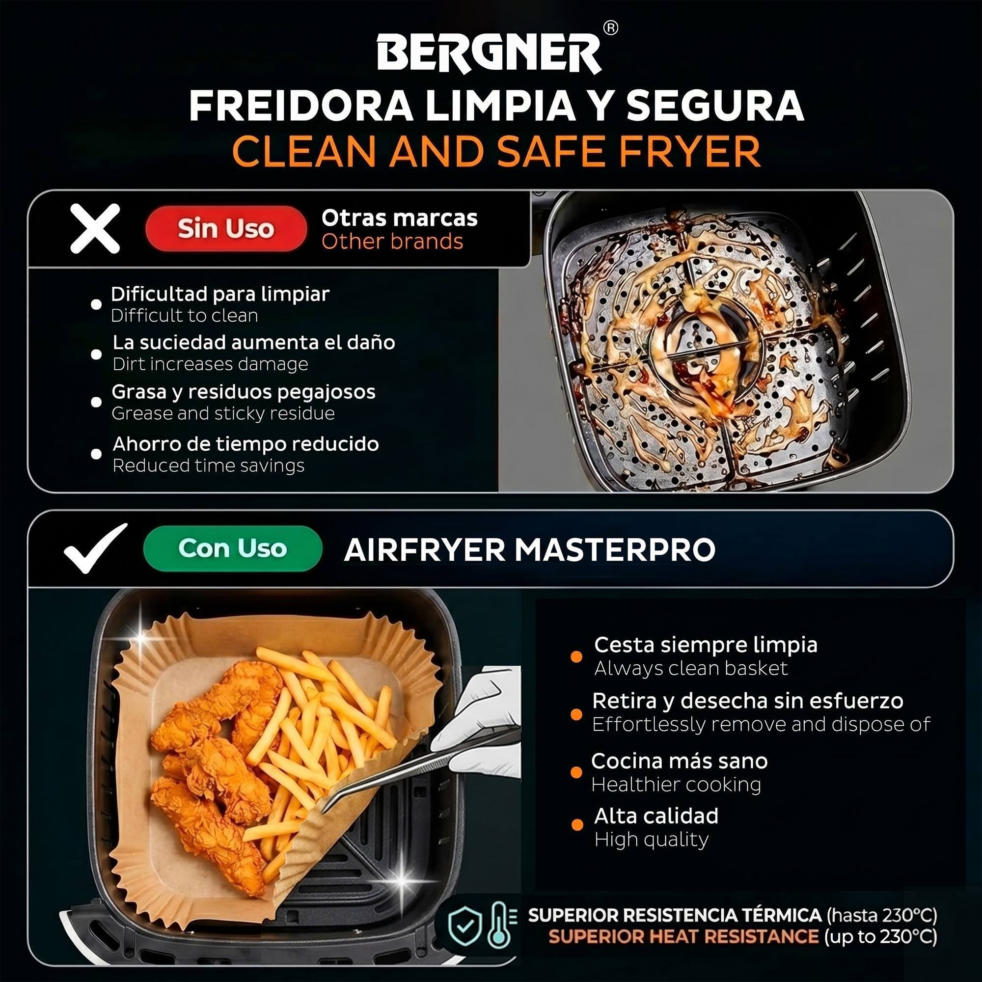 Freidora de aire con pollo frito y papas fritas. Cesta superior sucia, inferior limpia.