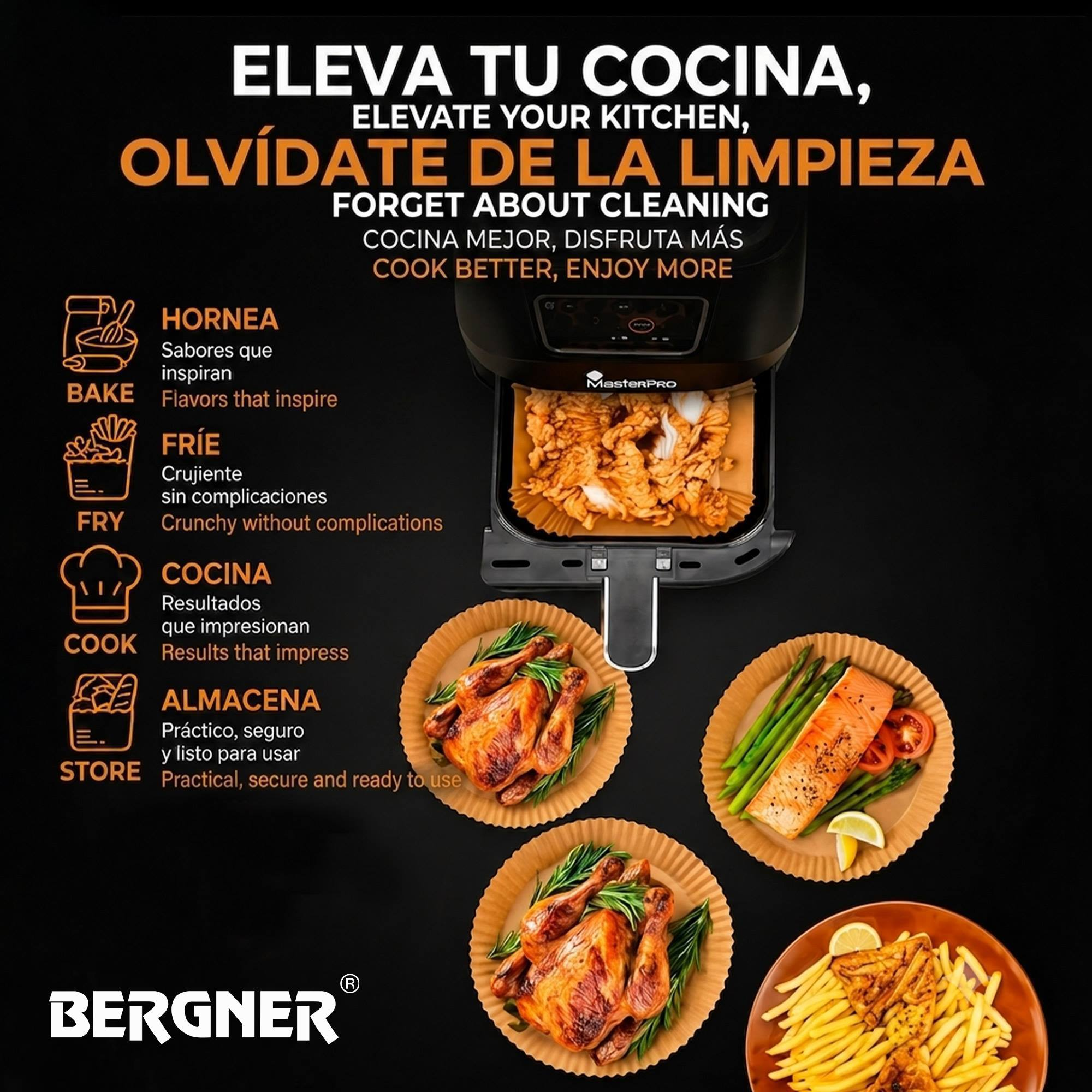 Un freidora de aire con pollo, salmón y papas fritas.