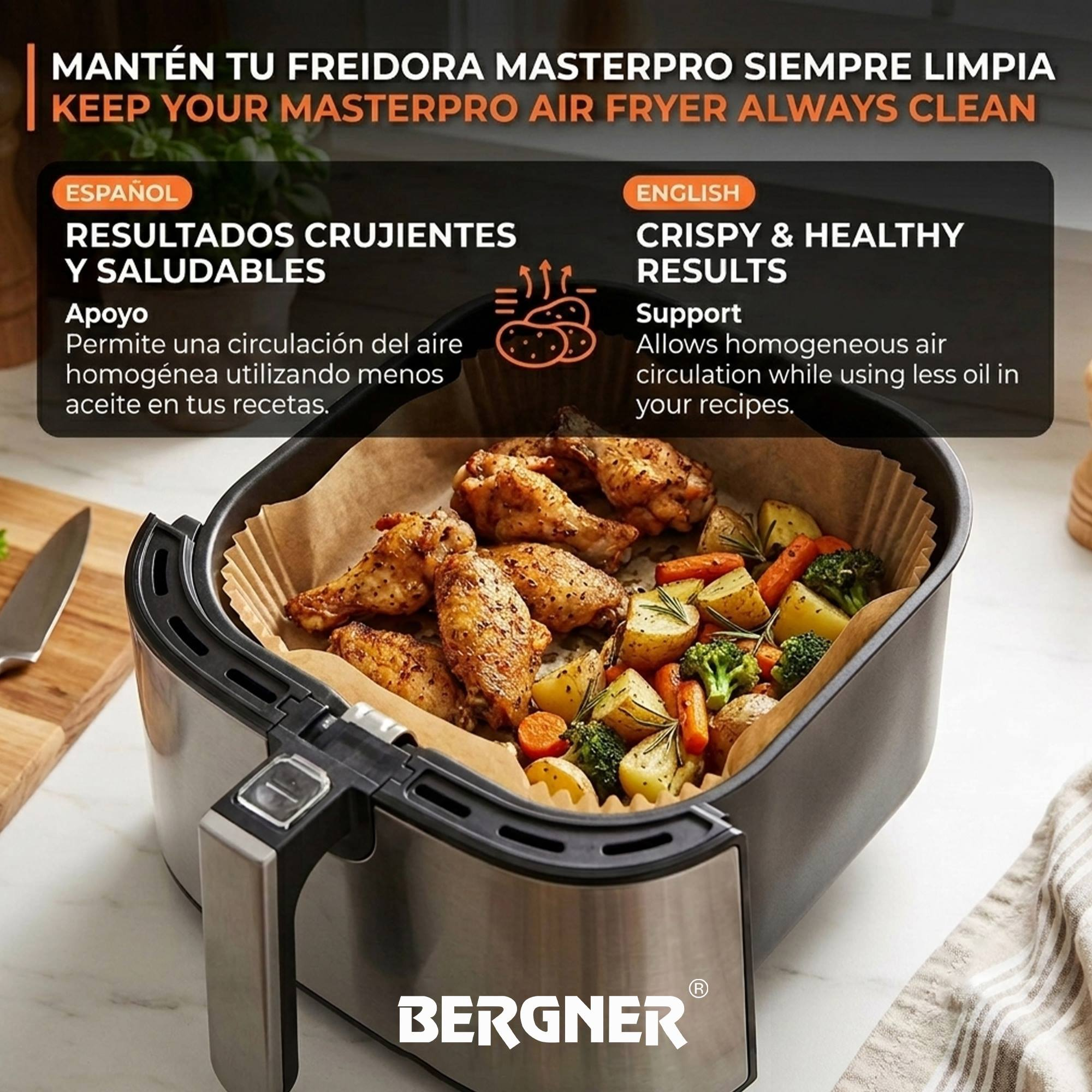 Freidora con pollo y verduras, logo de Bergner abajo.