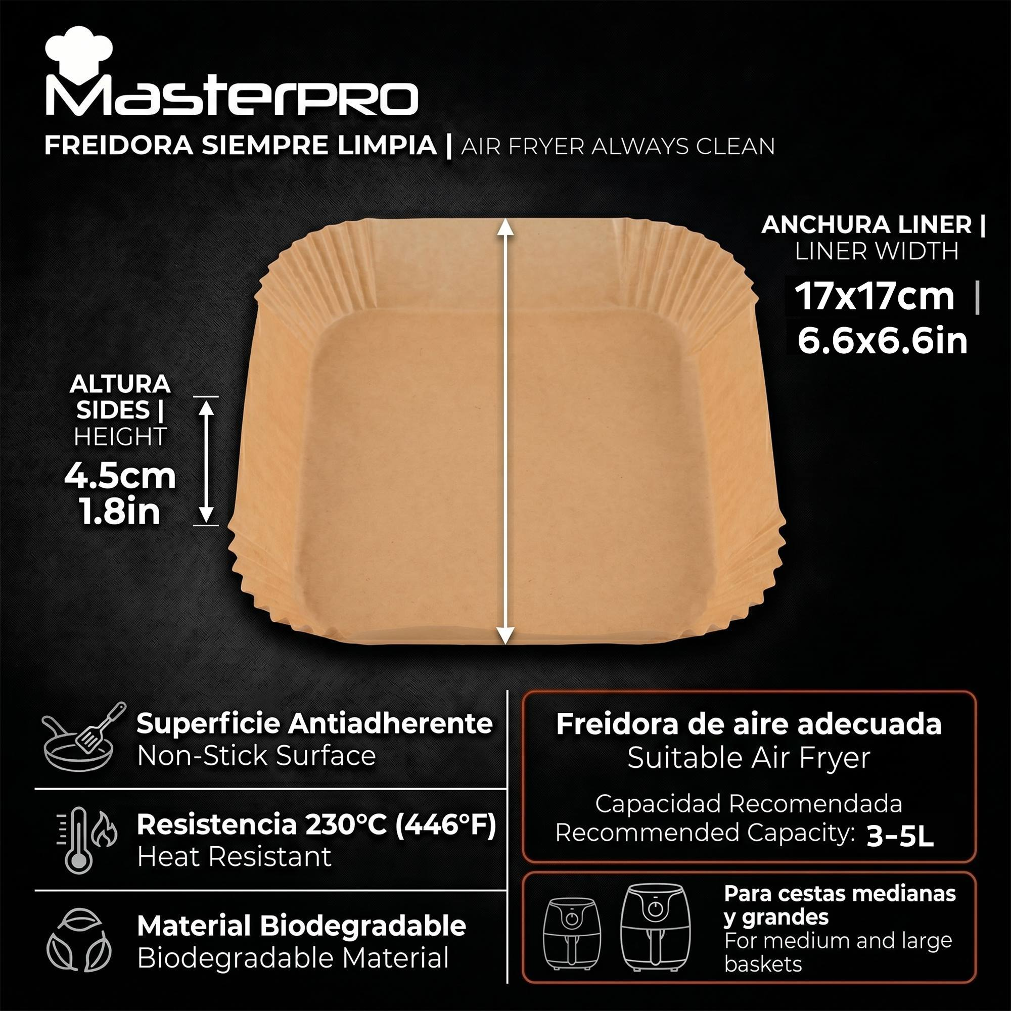 Revestimiento cuadrado de papel marrón para freidora de aire con dimensiones y características.