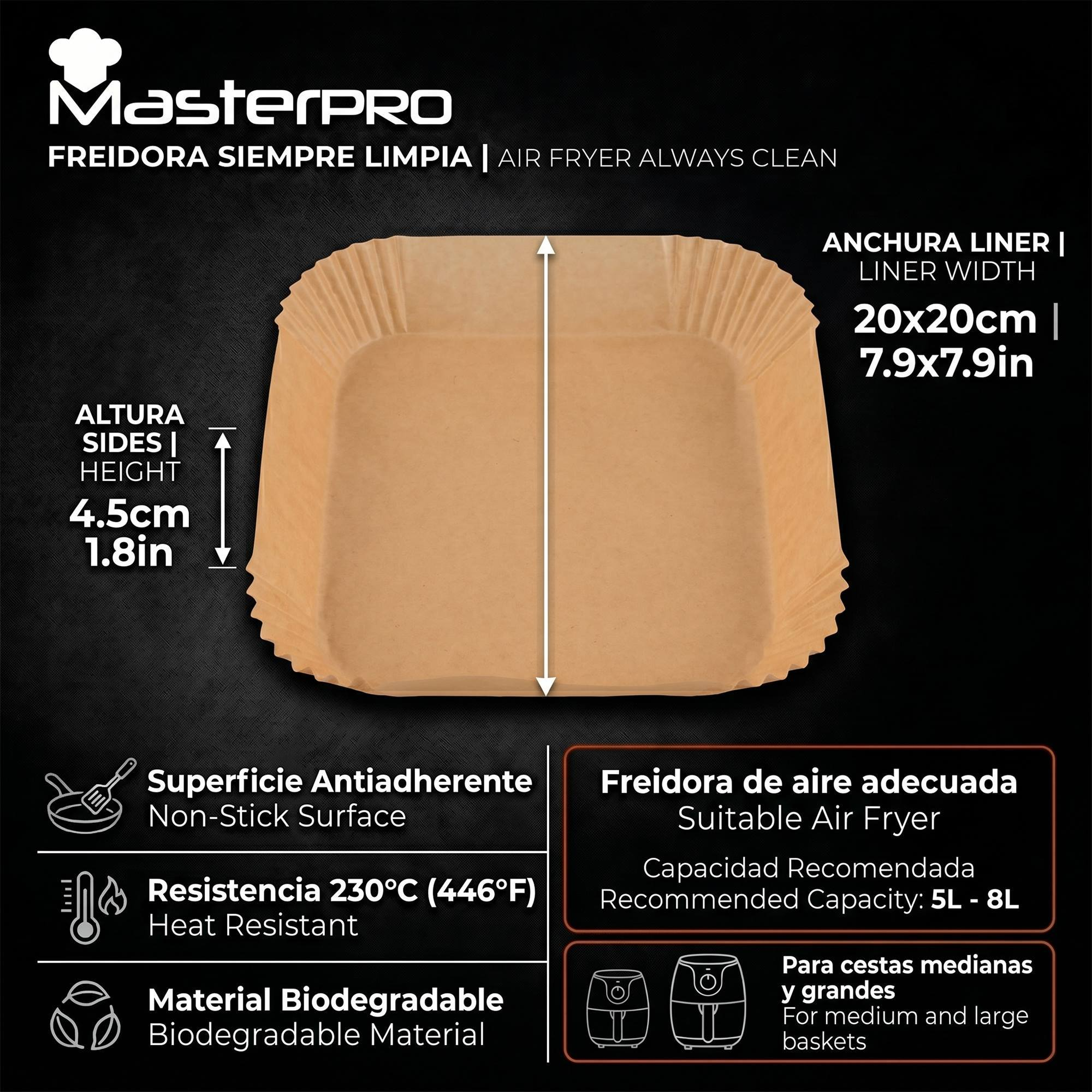 Revestimiento cuadrado marrón para freidora de aire con dimensiones y características.