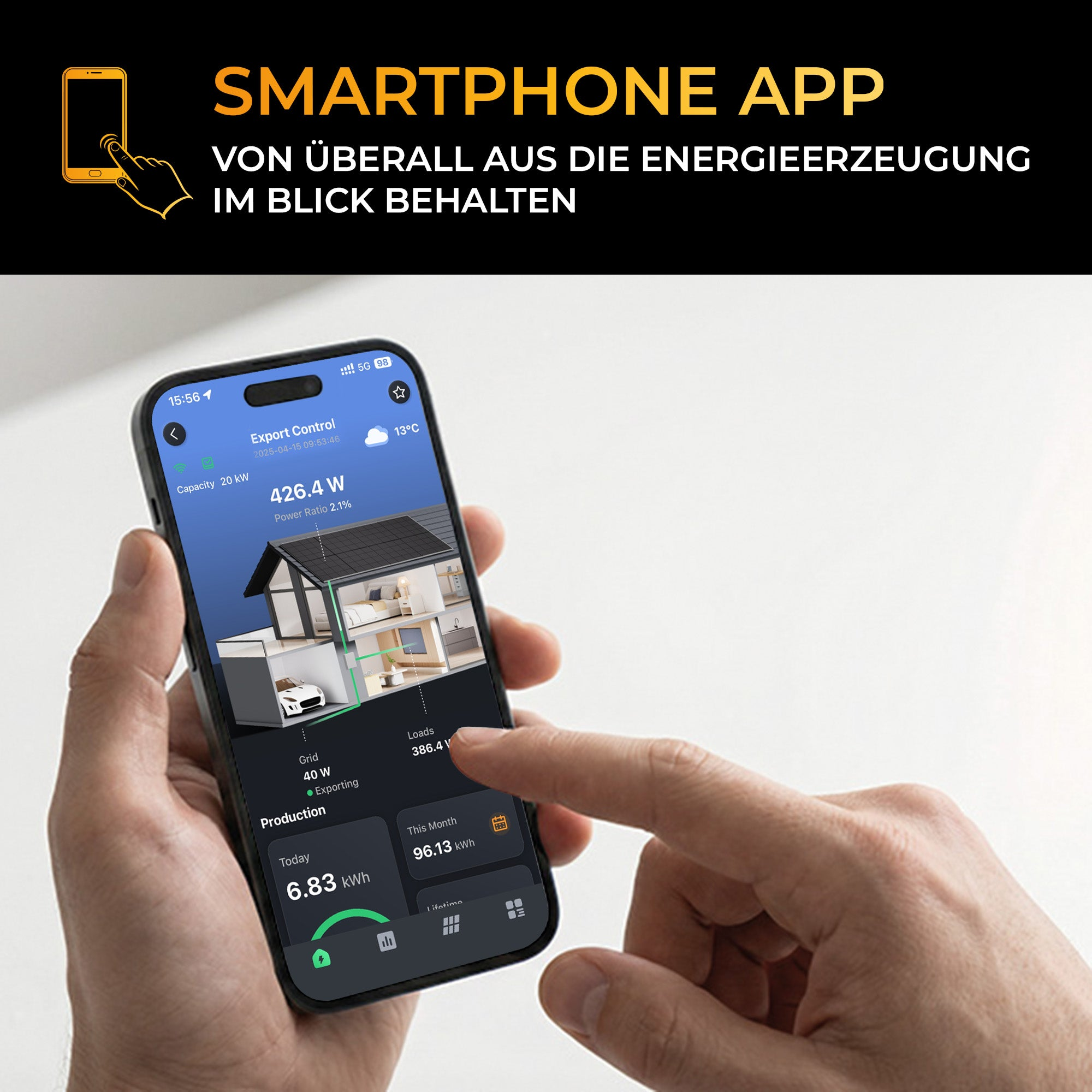 Smartphone-App zeigt Haus mit Solarmodulen, Energieerzeugung und Verbrauch.