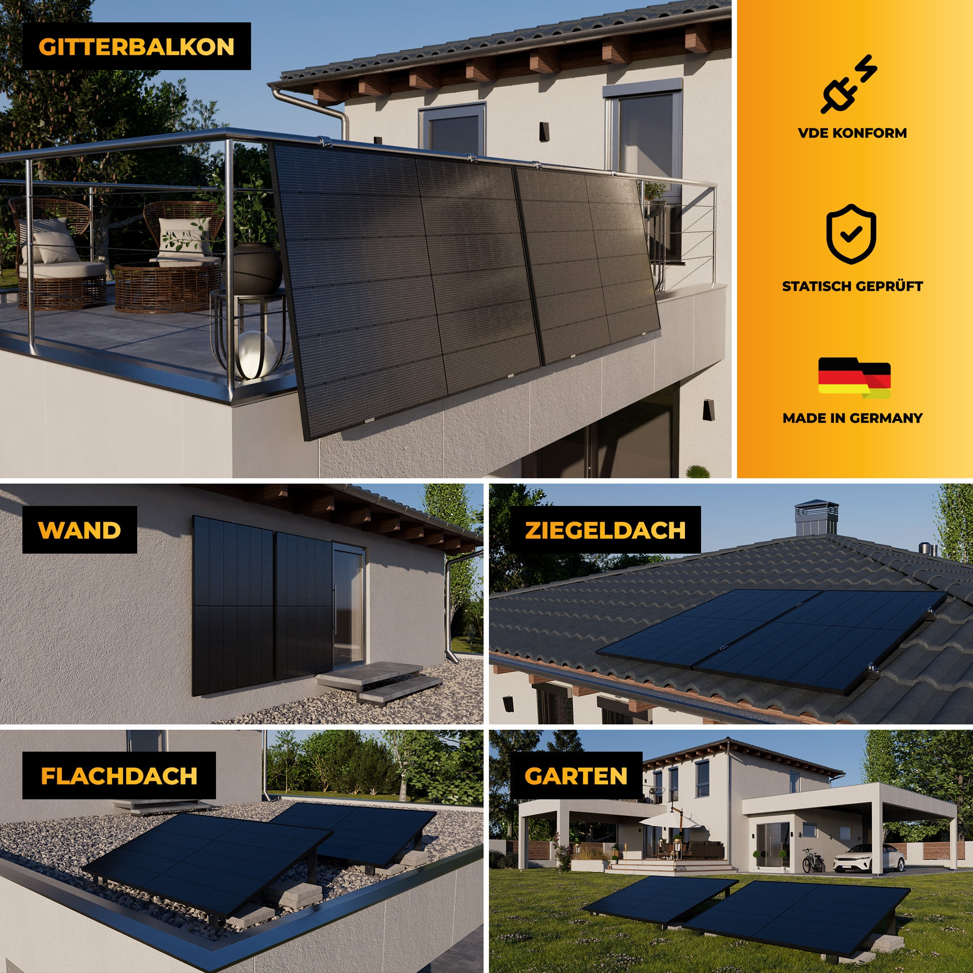 Vier Darstellungen von Solarmodulen an verschiedenen Orten: Balkon, Wand, Ziegeldach, Flachdach und Garten.
