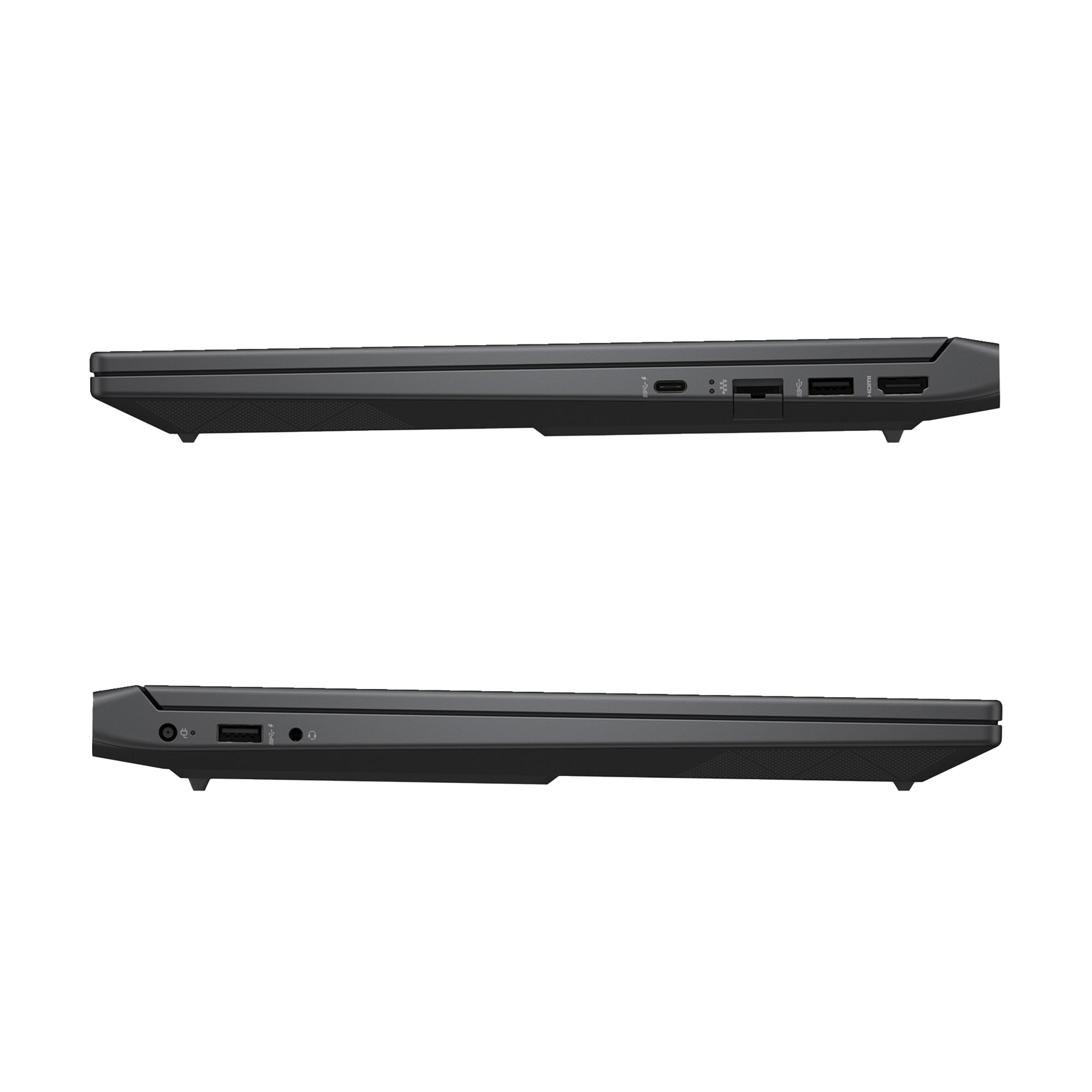 Yan taraftan gösterilen iki gri dizüstü bilgisayar, bağlantı noktaları: USB-C, HDMI, USB-A.