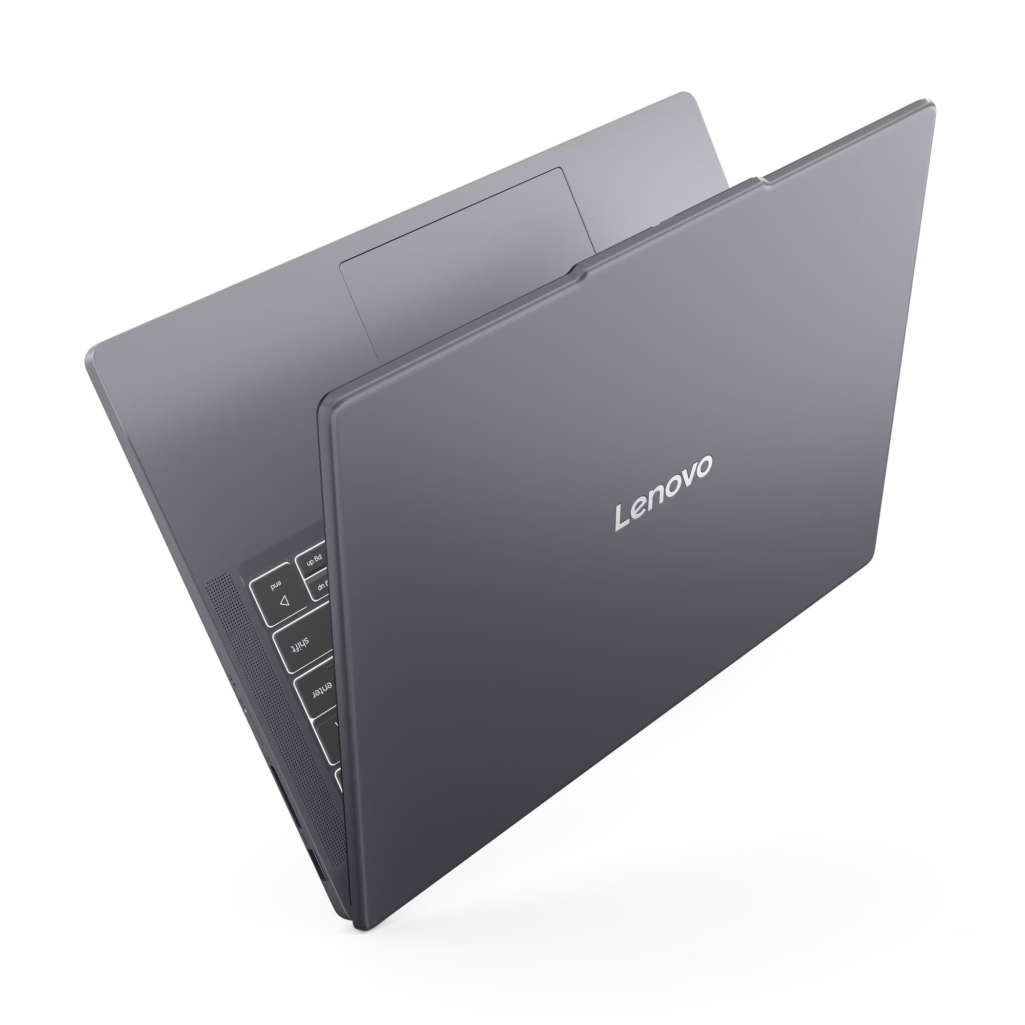 Klavyeli ve dokunmatik yüzeyli gri Lenovo dizüstü bilgisayar, beyaz zeminde.